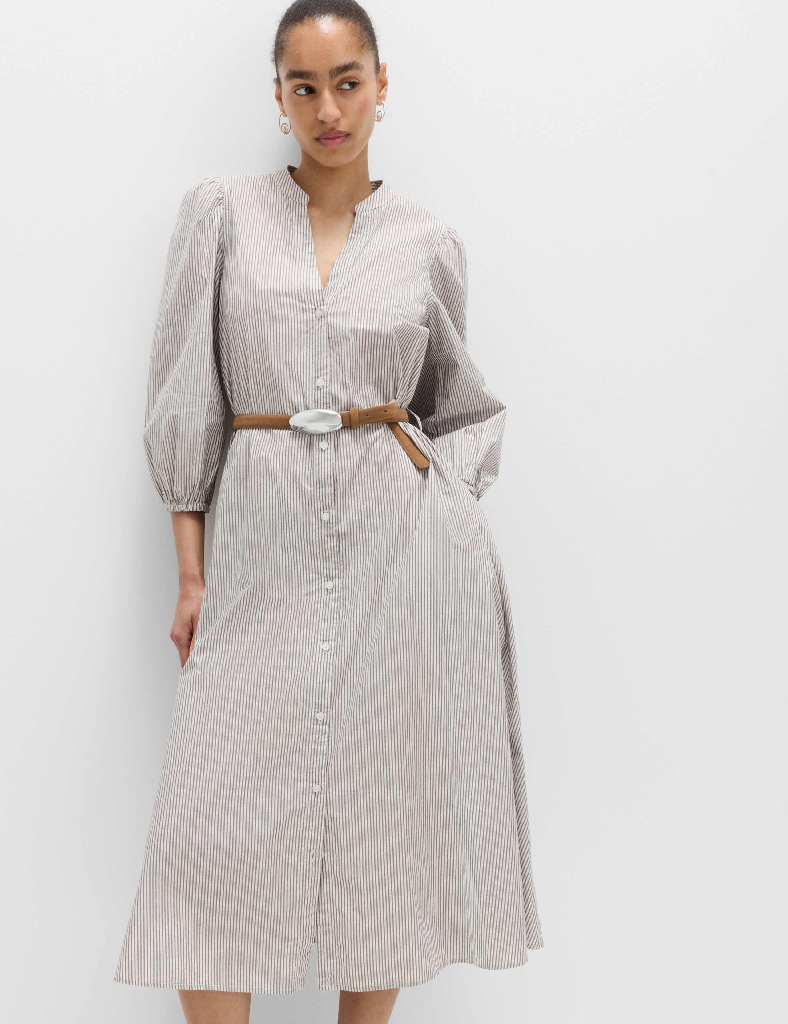 Pure Cotton Striped V-Neck Midi Shirt Dress