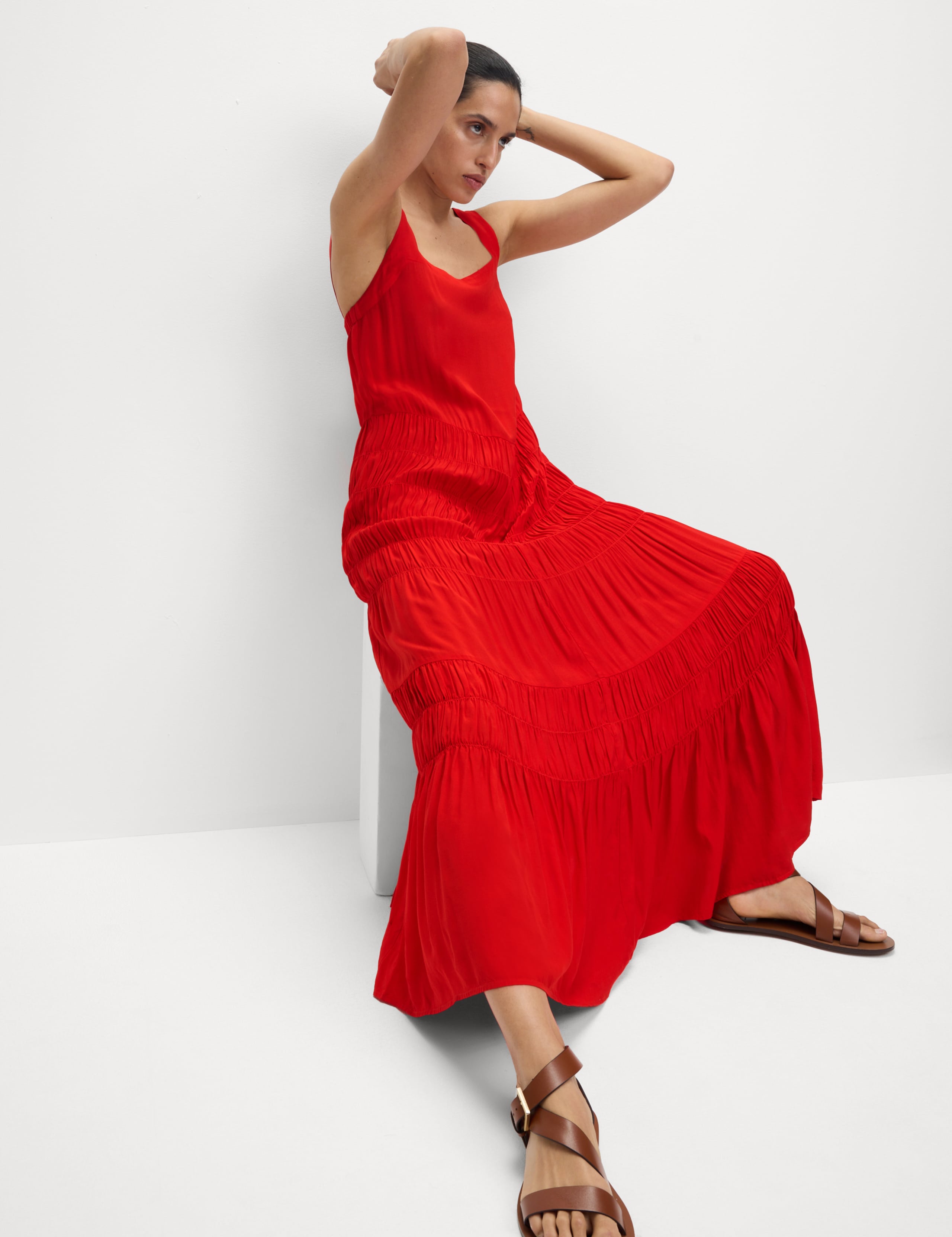 Square Neck Strappy Midi Tiered Dress