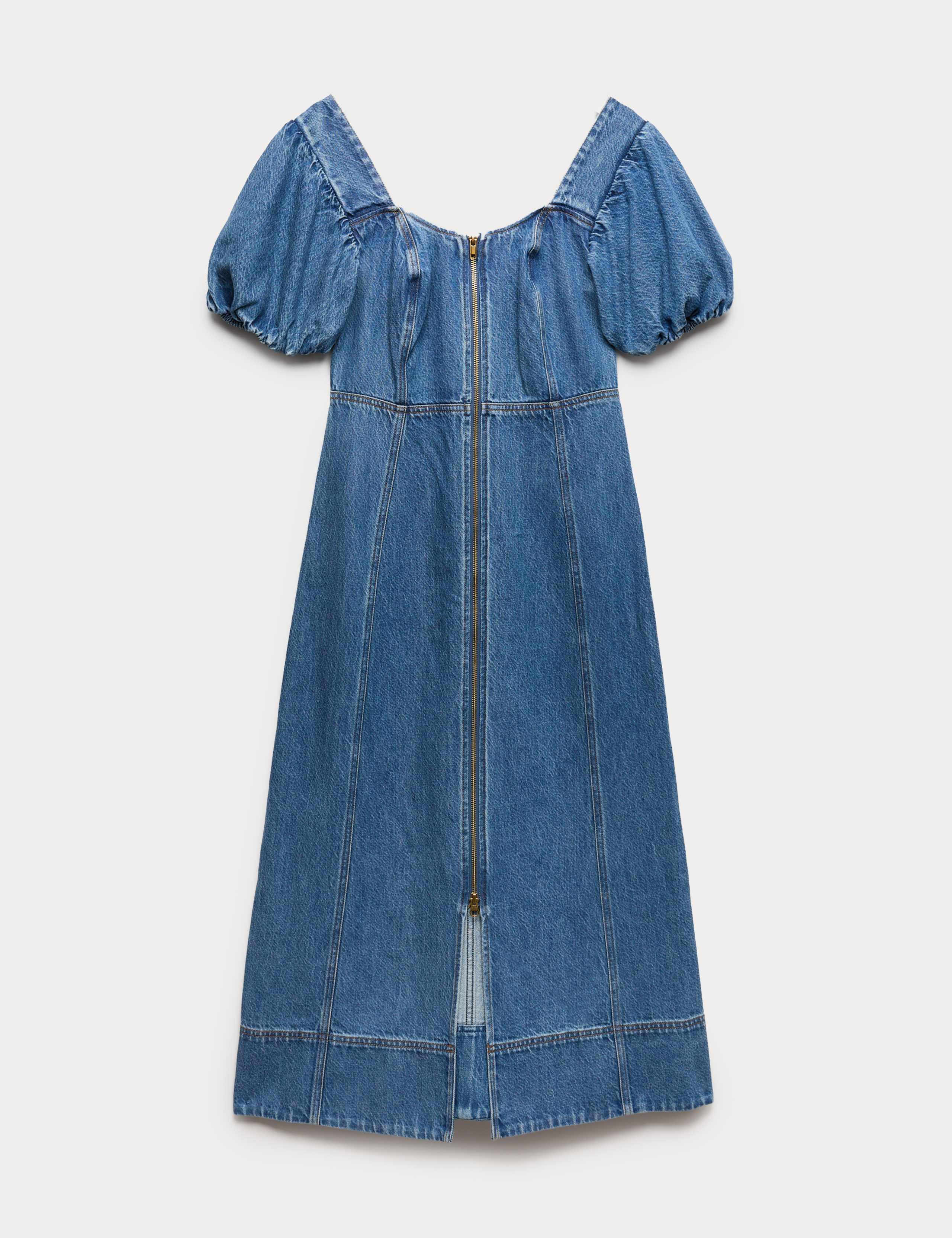 Denim Puff Sleeve Midi Waisted Dress