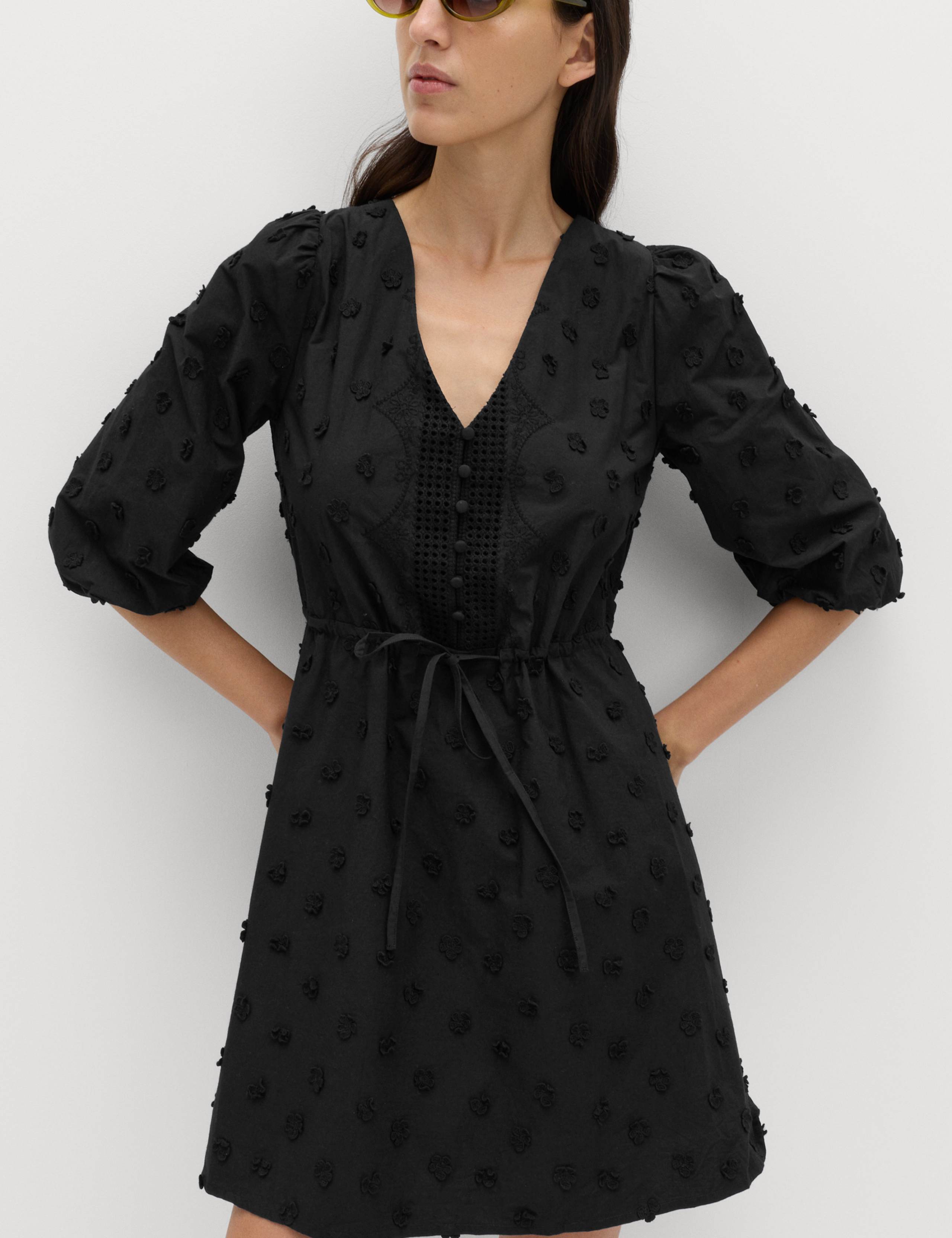 Pure Cotton Embroidered V-Neck Mini Waisted Dress