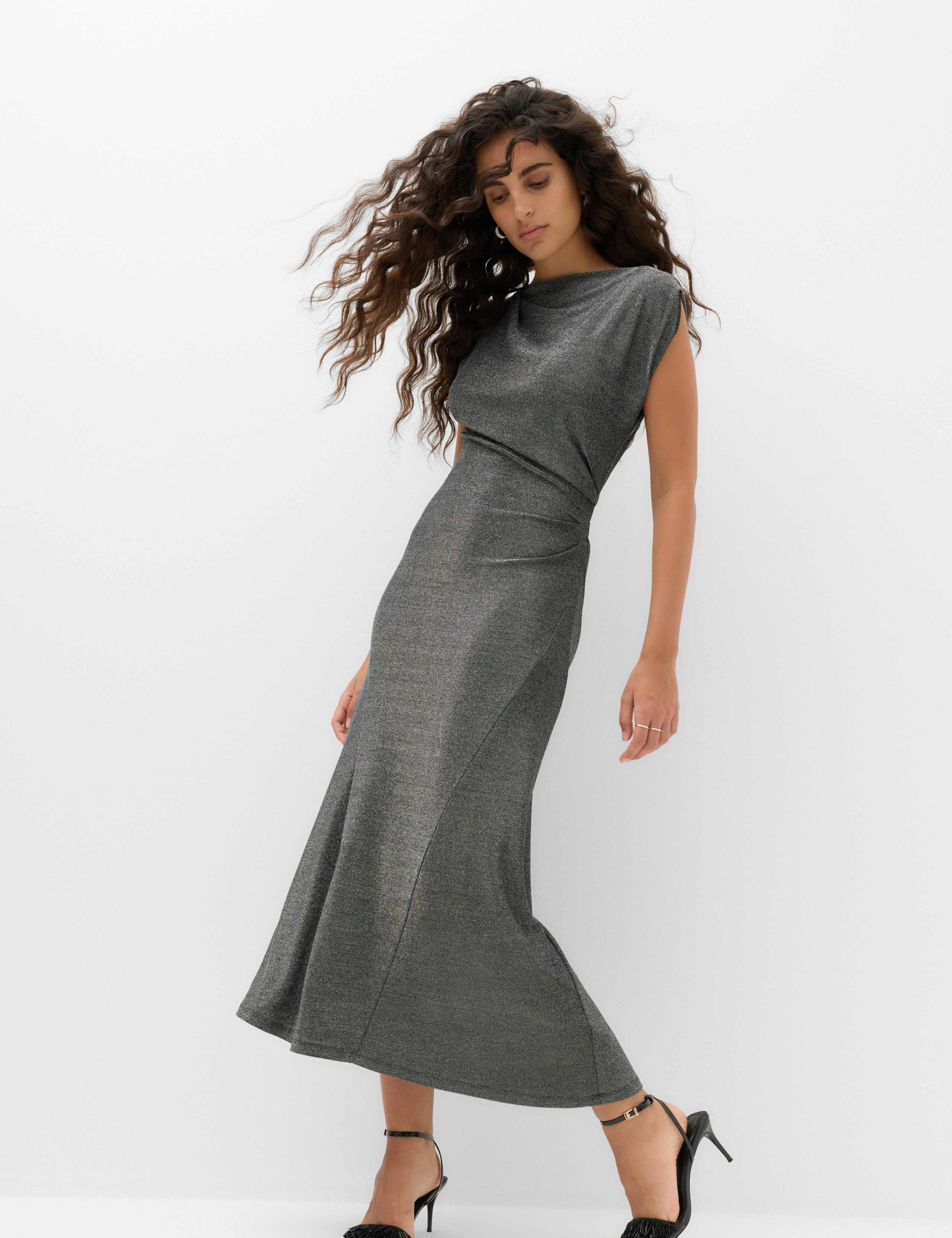 Jersey Sparkly One Shoulder Midi Column Dress