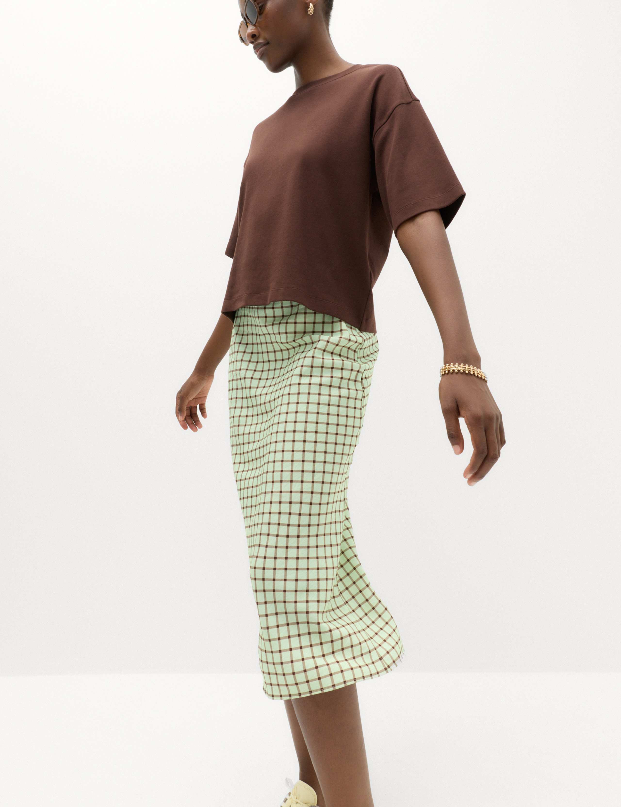 Checked Midi Straight Column Skirt