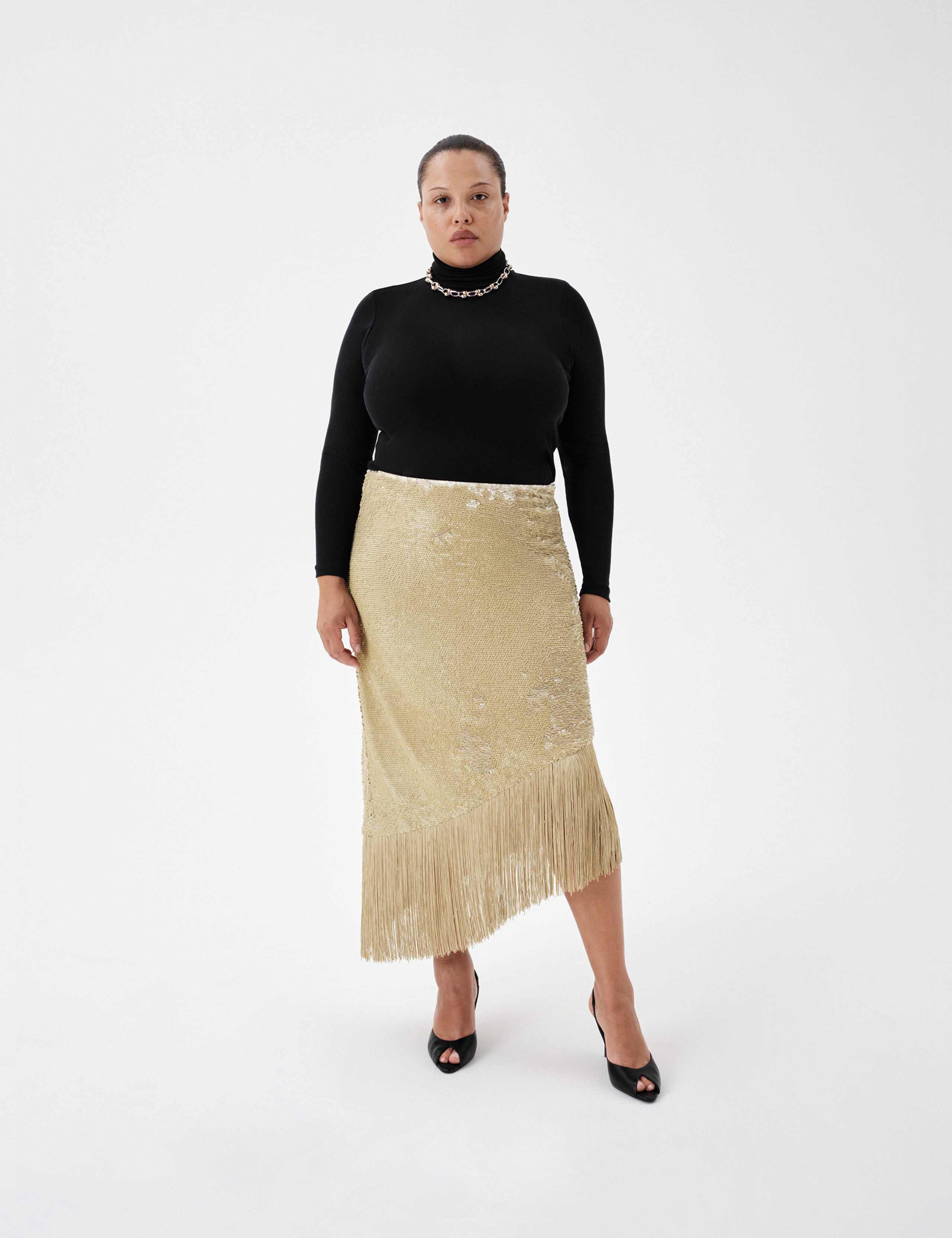 Embellished Hi-LowFringe Midi Asymmetric Skirt