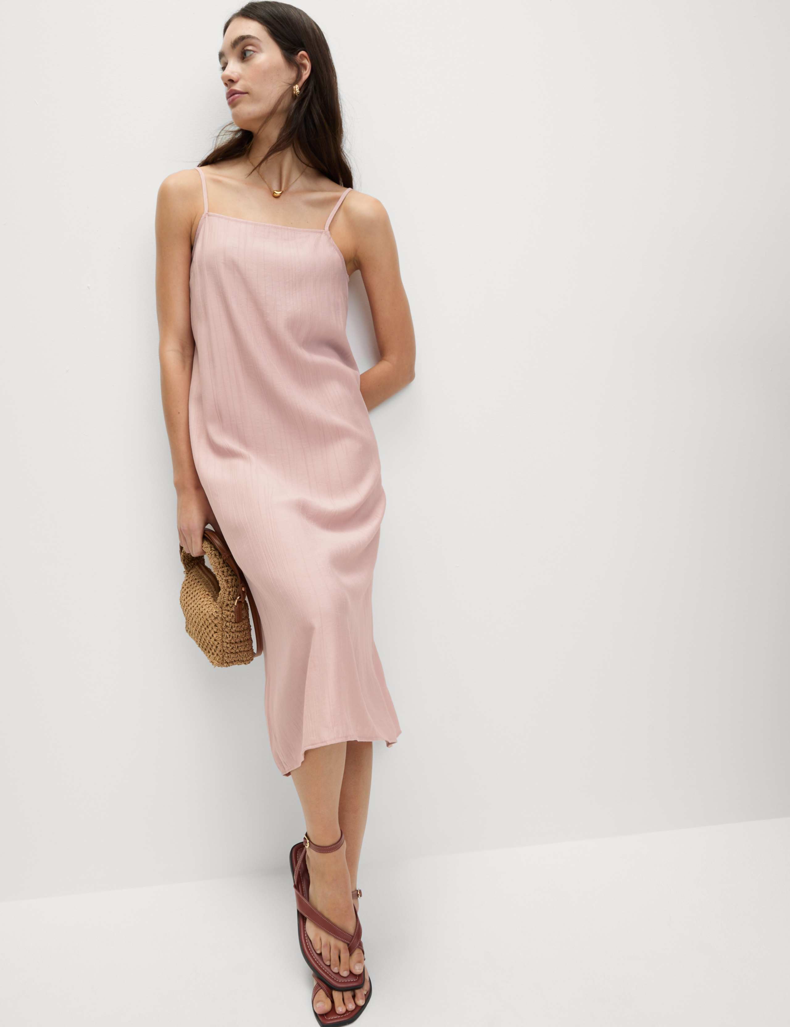 Textured Strappy Midi Cami Relaxed Dress