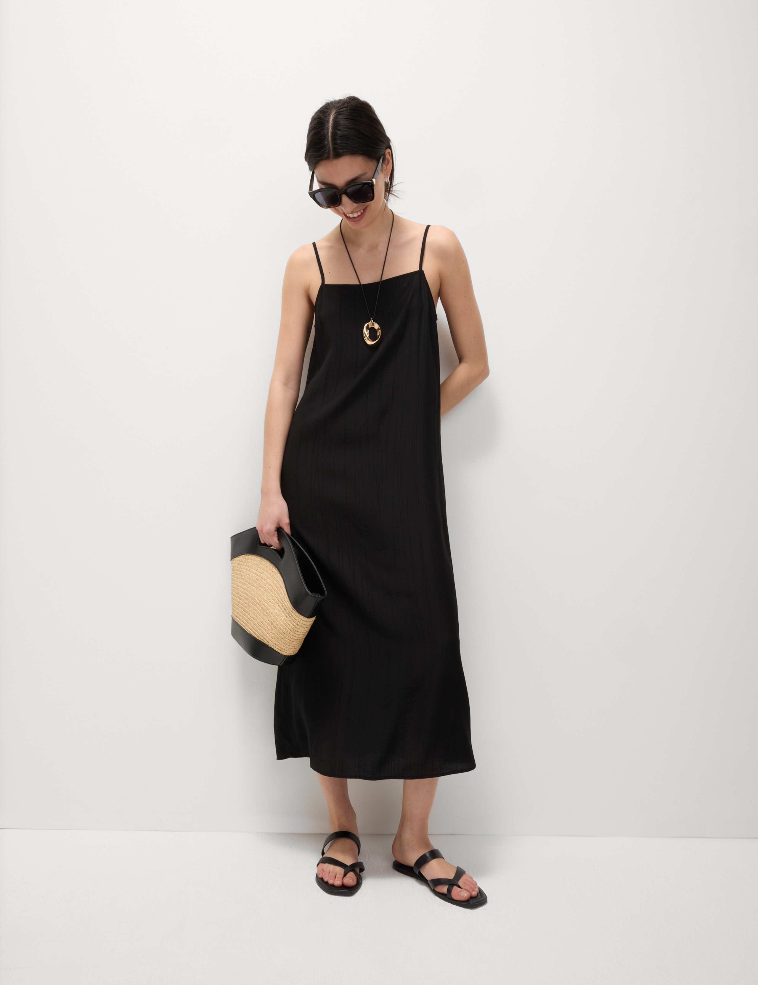 Textured Strappy Midi Cami Relaxed Dress