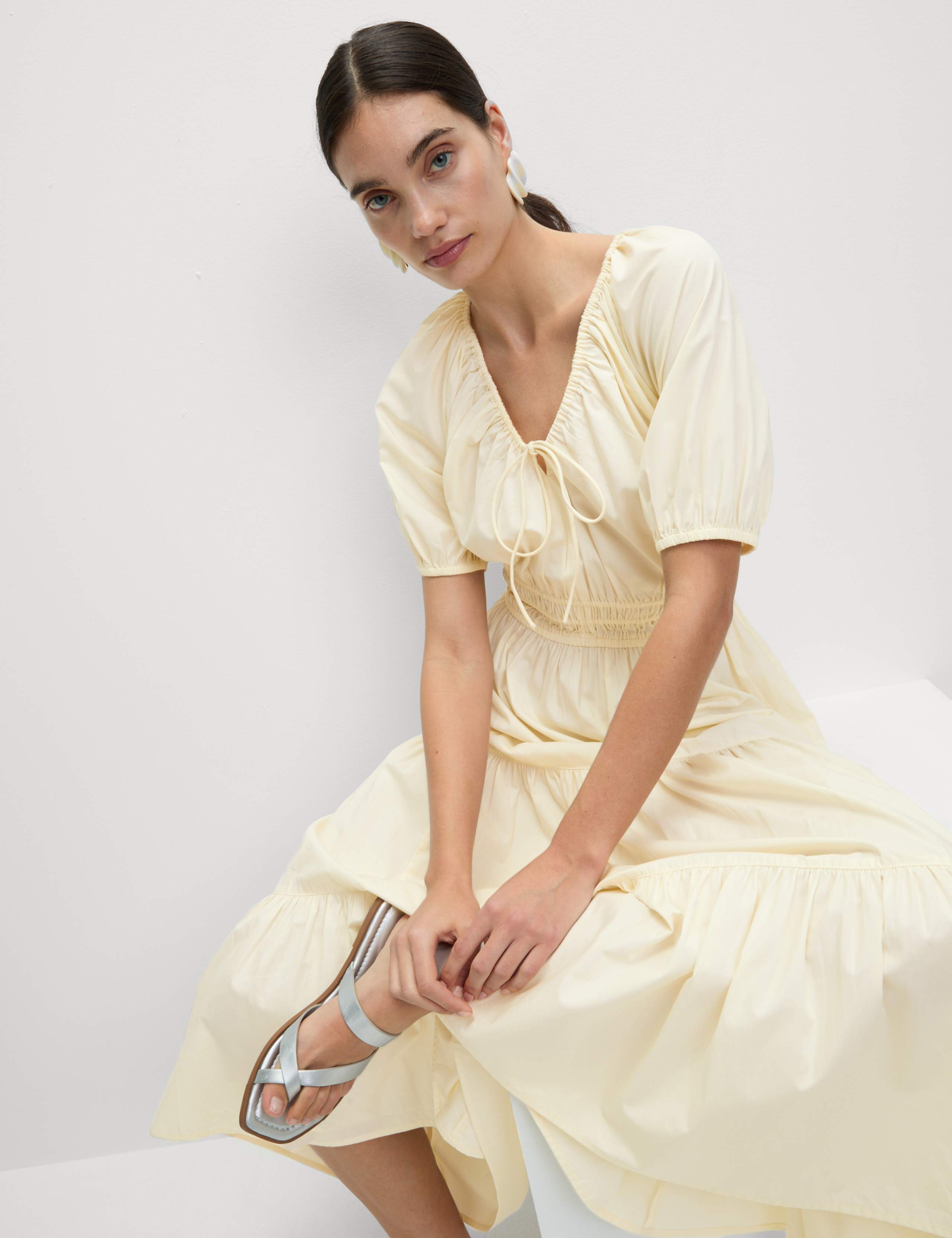 Pure Cotton V-Neck Midi Waisted Dress
