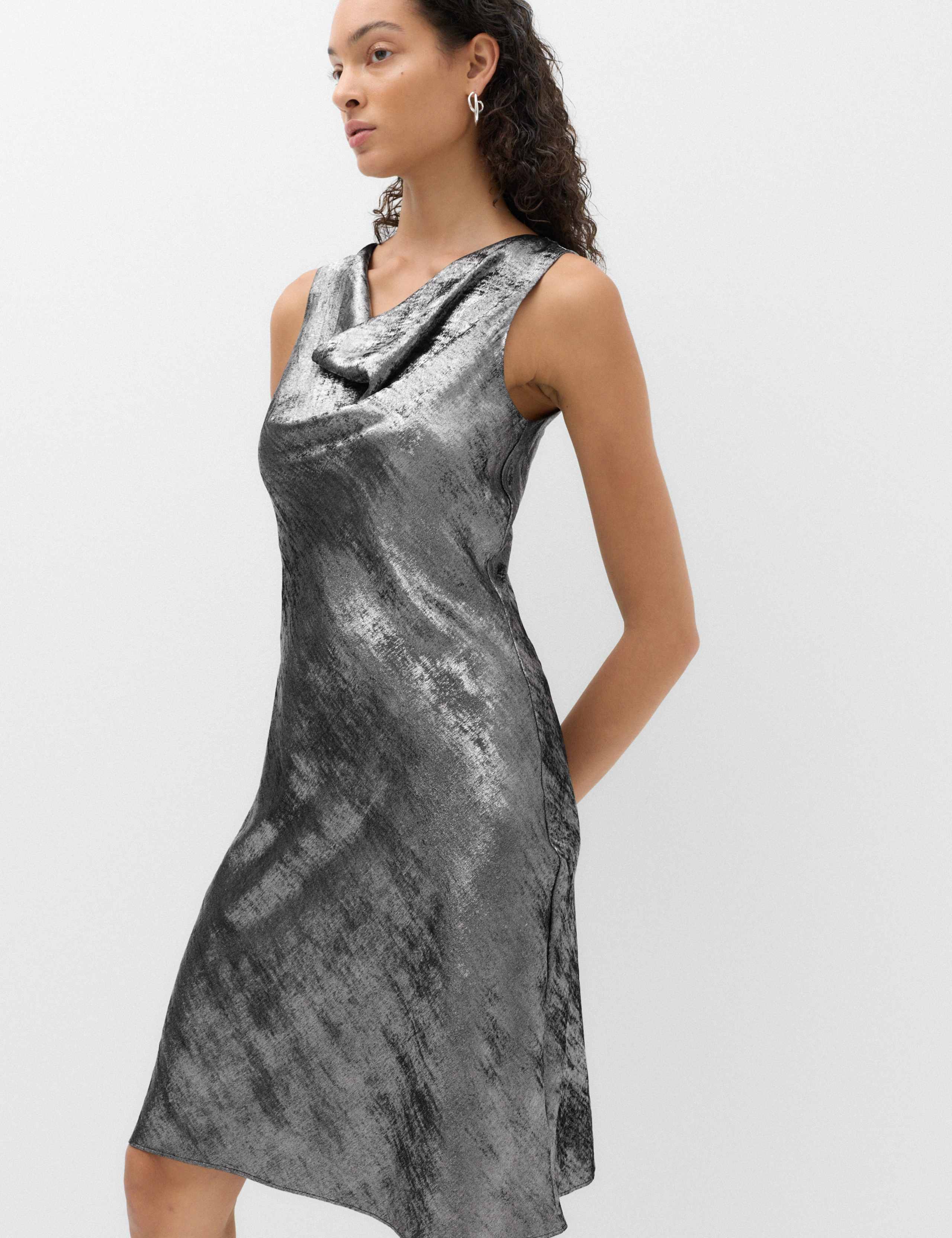 Metallic Cowl Neck Knee Length Slip Dress