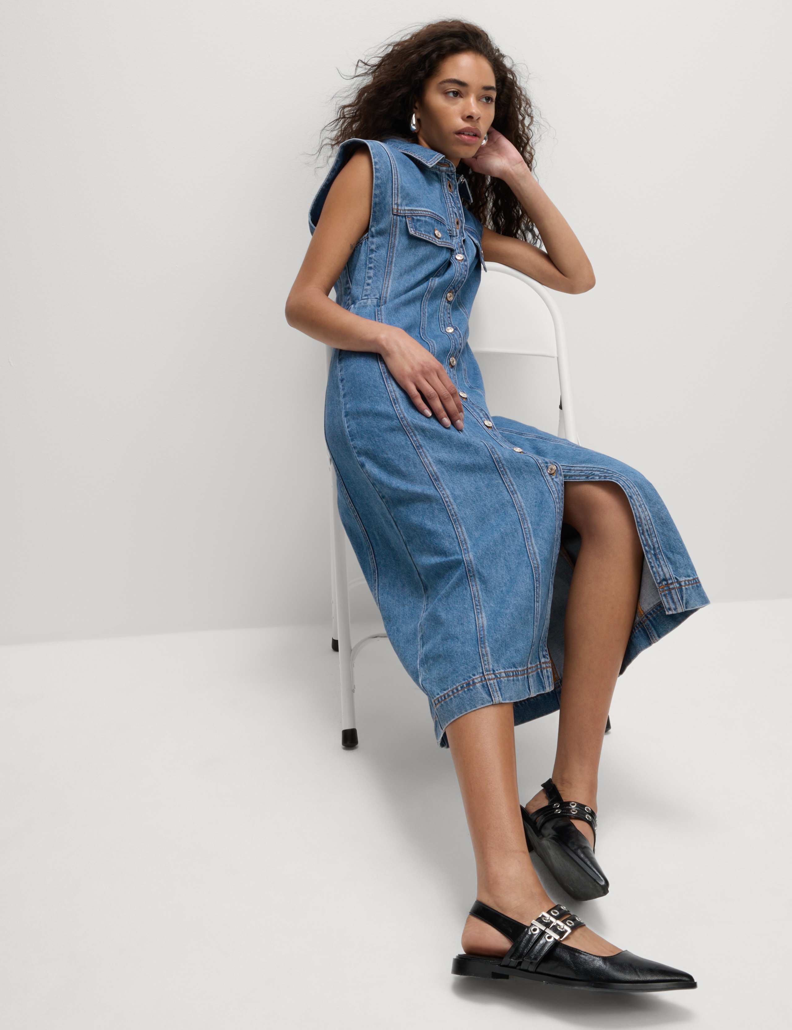 Denim Button Front Midi Utility Dress