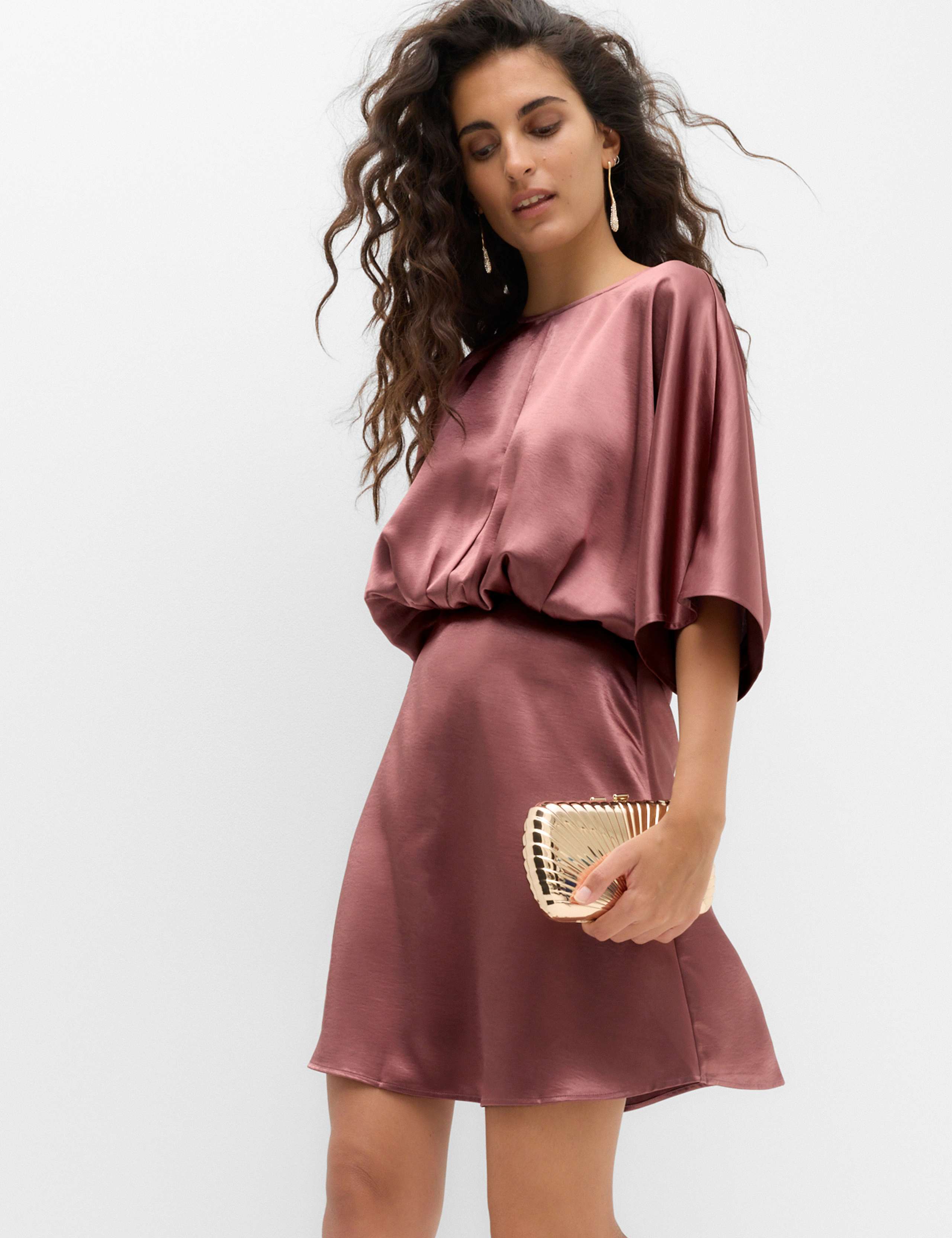 Satin Flute Sleeve Round Neck Mini Waisted Dress