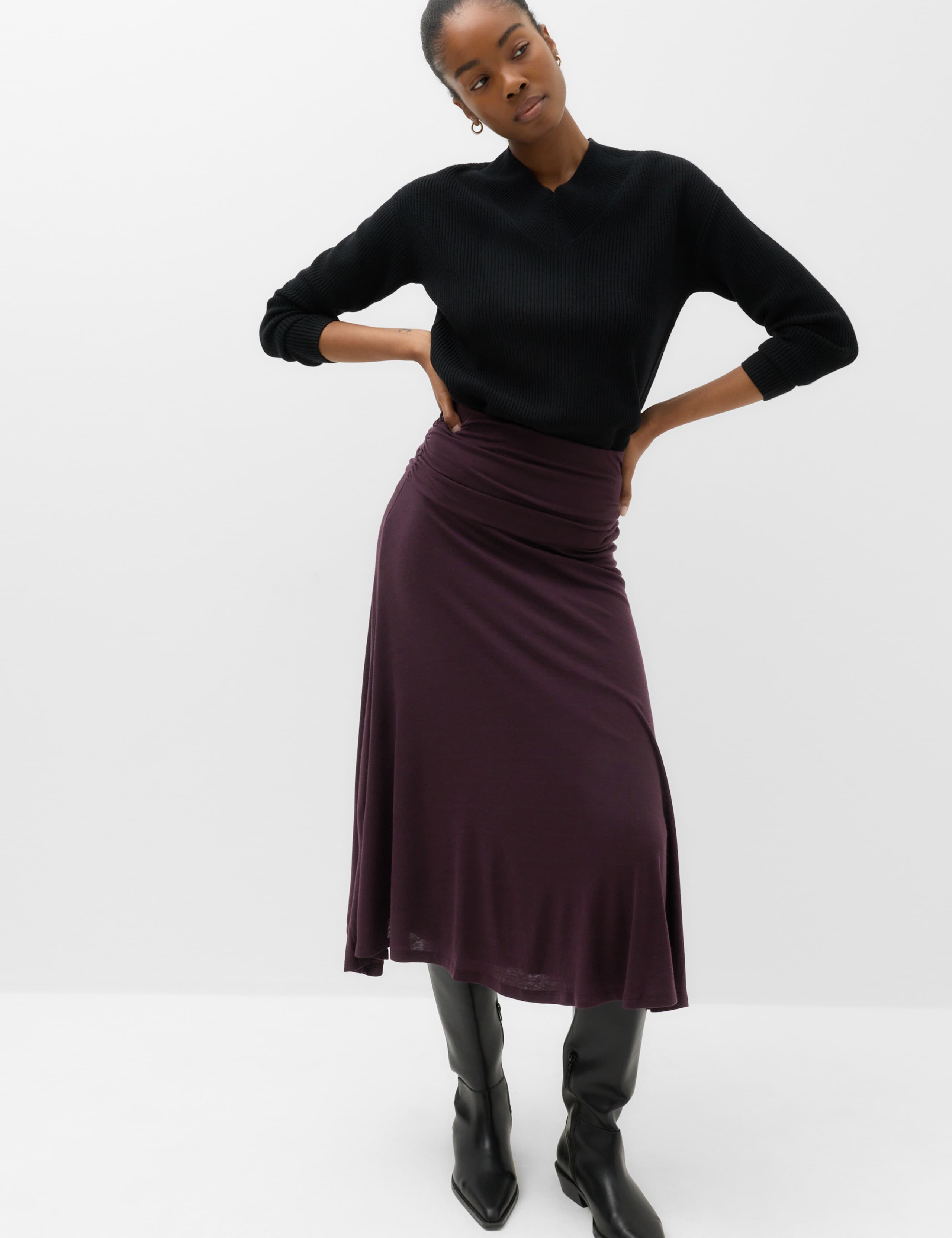Lyocell Blend Ruched Midi A-Line Skirt