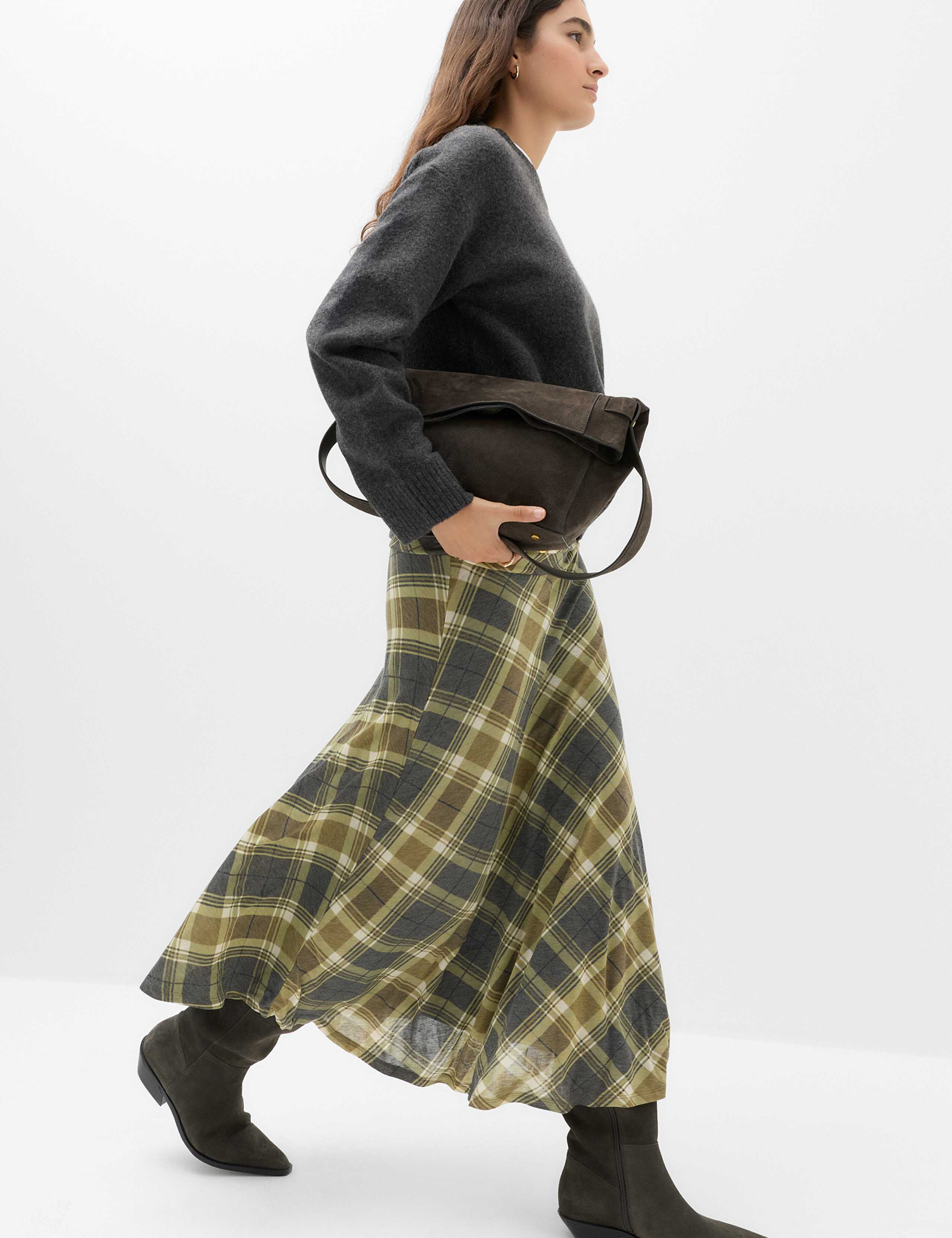 Lyocell Blend Checked Ruched Midi A-Line Skirt