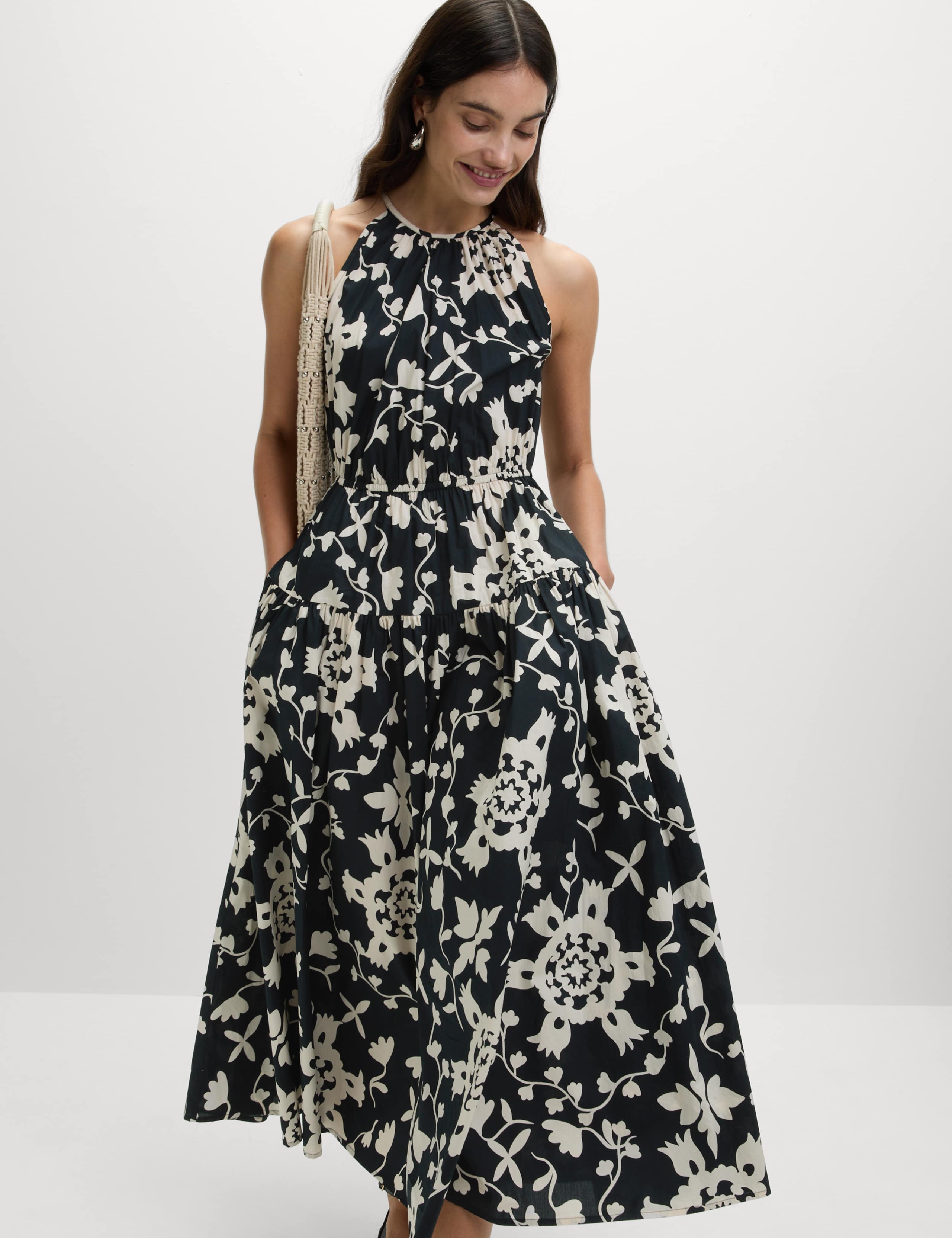 Pure Cotton Printed Halter Neck Midi Dress