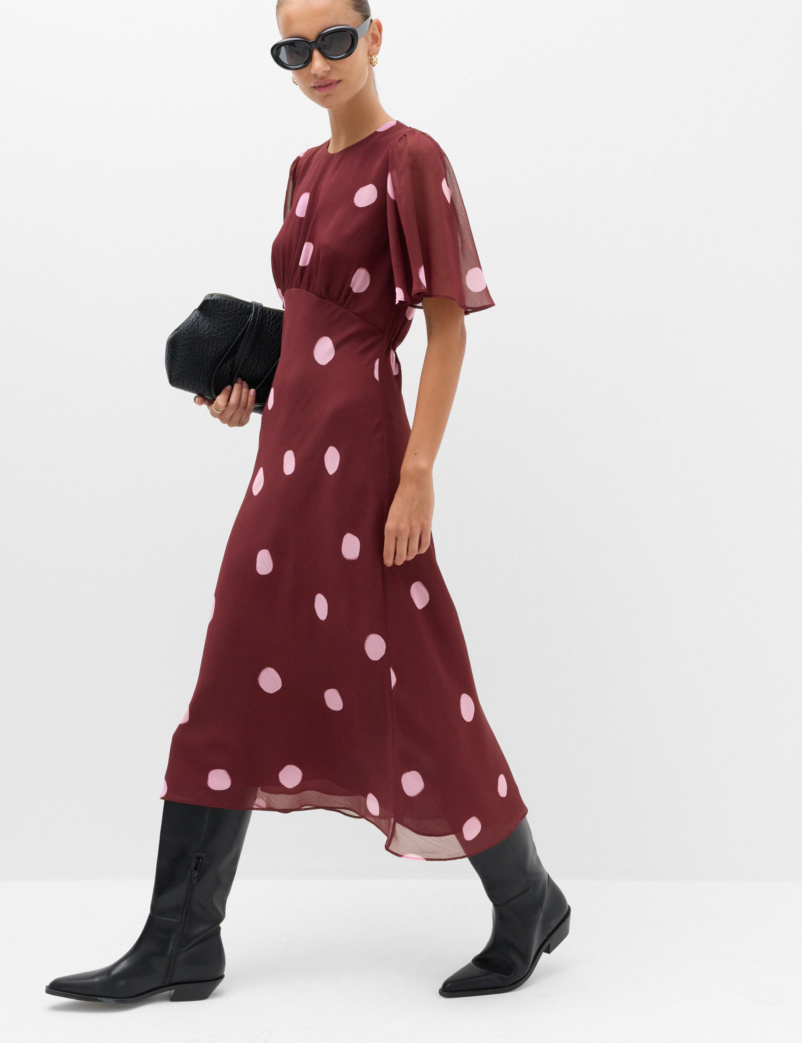 Chiffon Spot Print Midi Waisted Dress