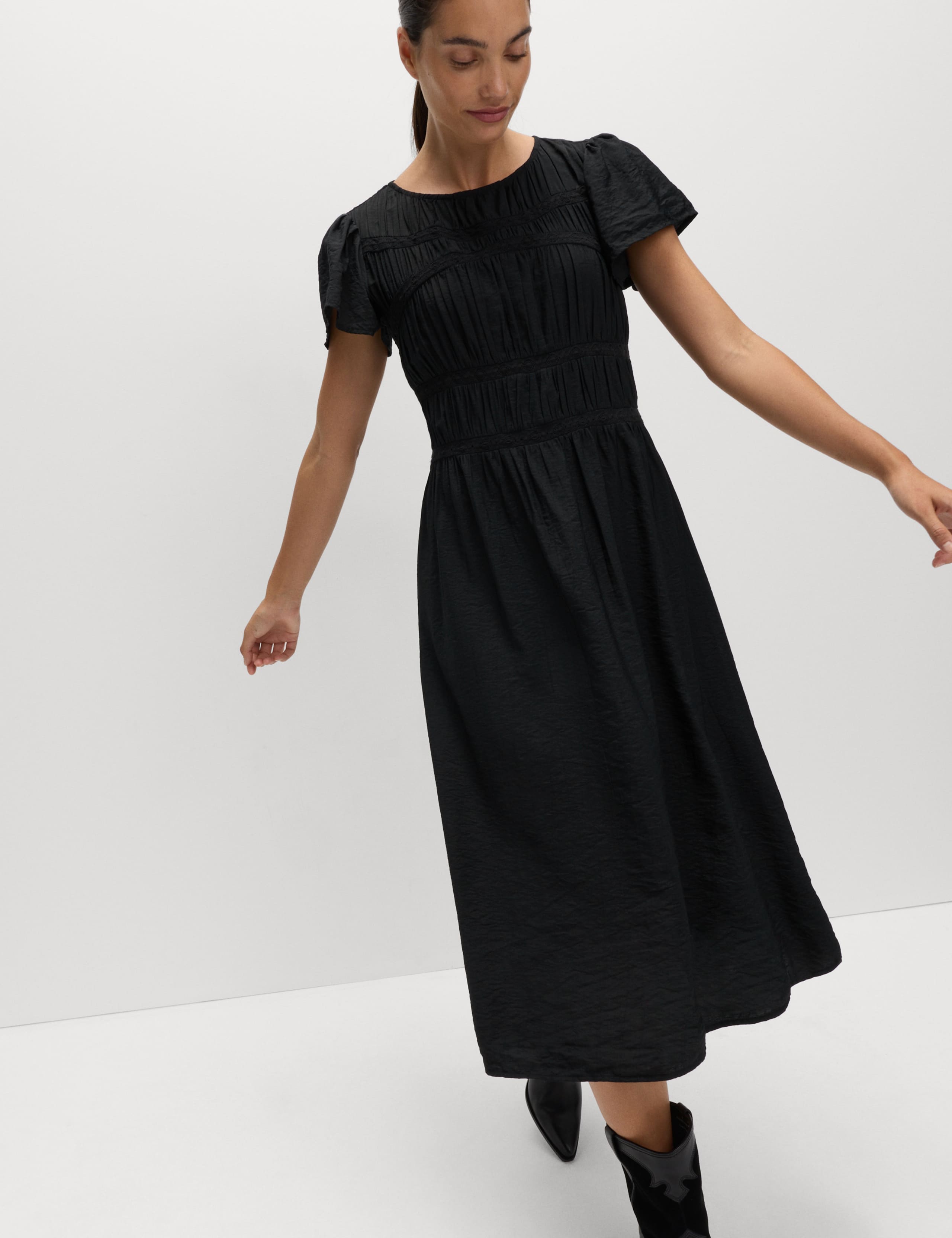 Angel Sleeve Midi Shirred Waisted Dress