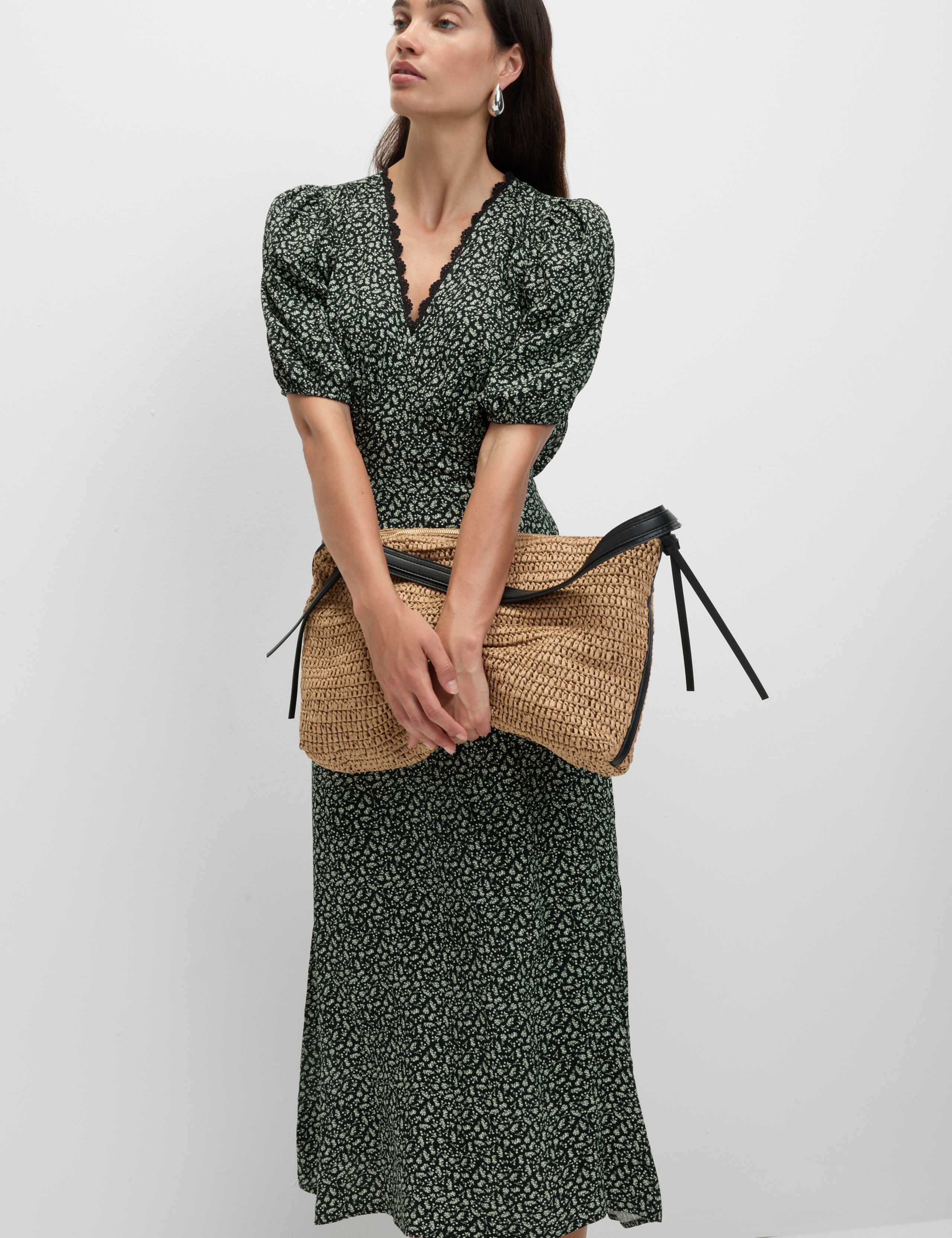 Printed V-Neck Midi Tea Dress