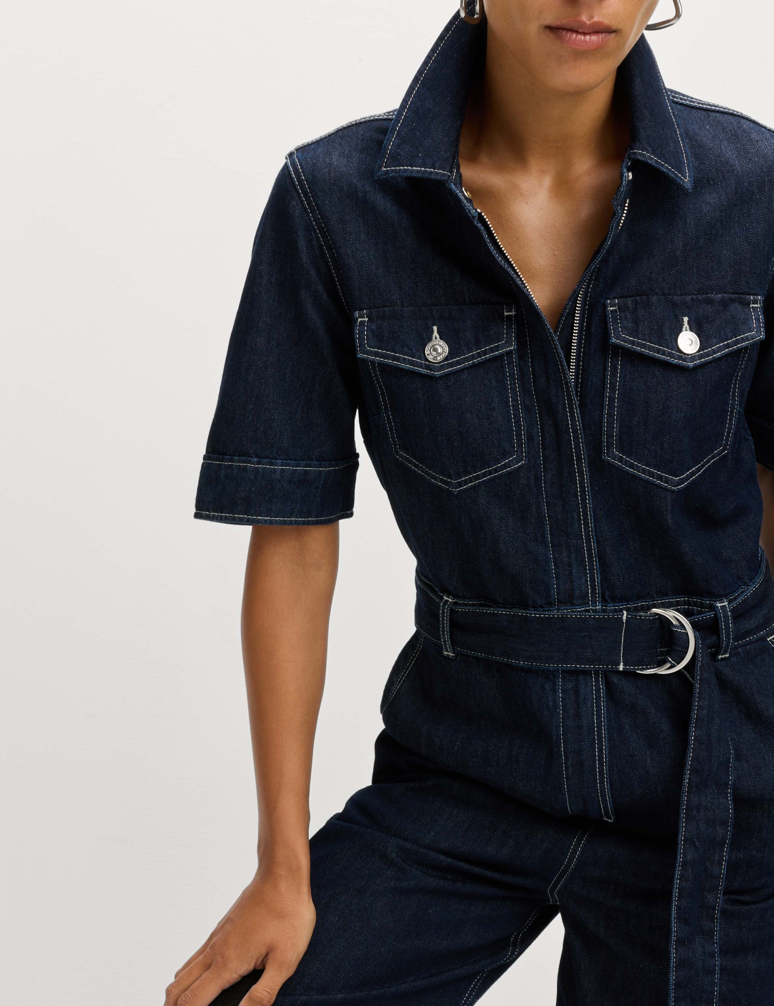 Denim Belted Wide Leg Utility Jumpsuit