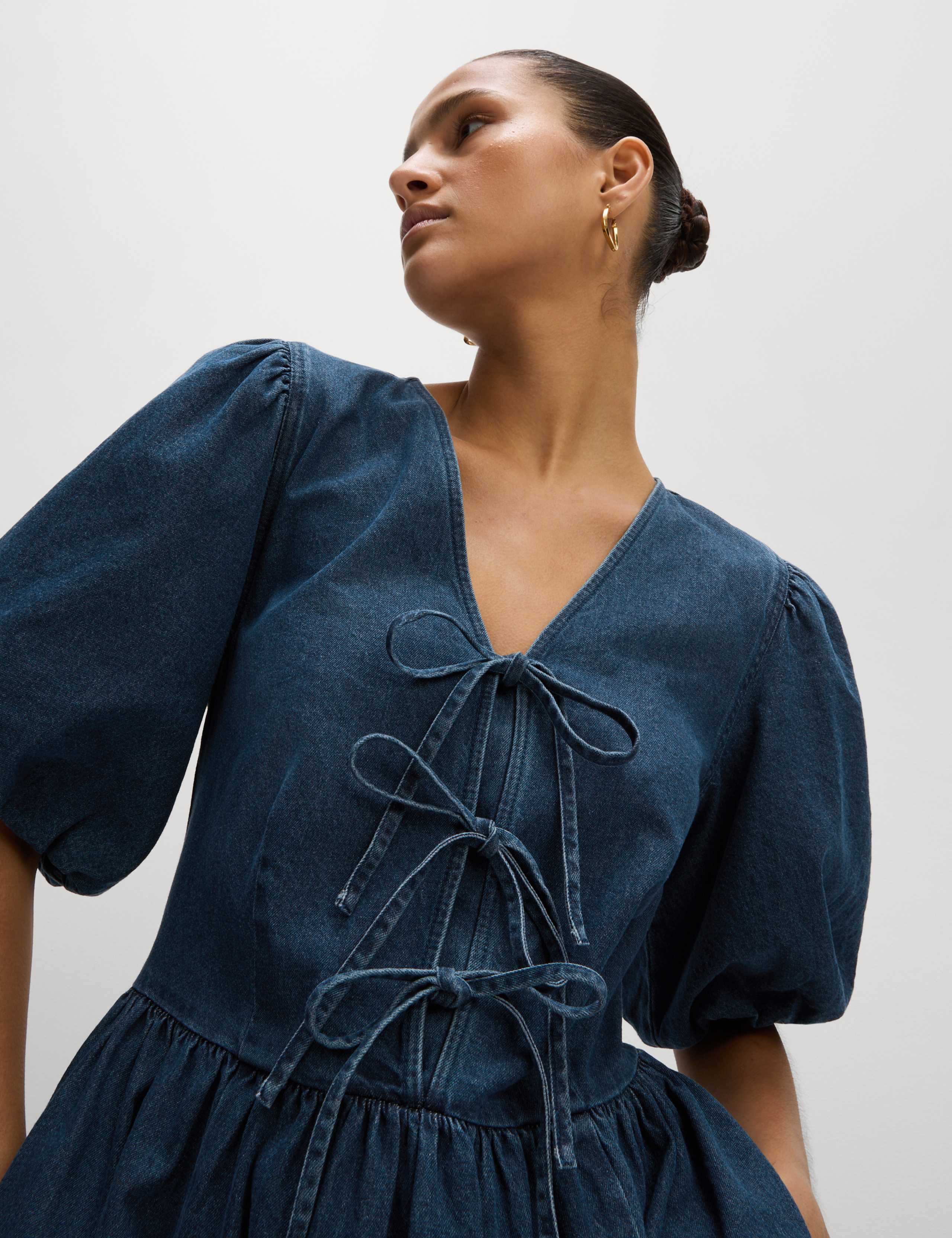 Denim V-Neck Tie Detail Midi Waisted Dress