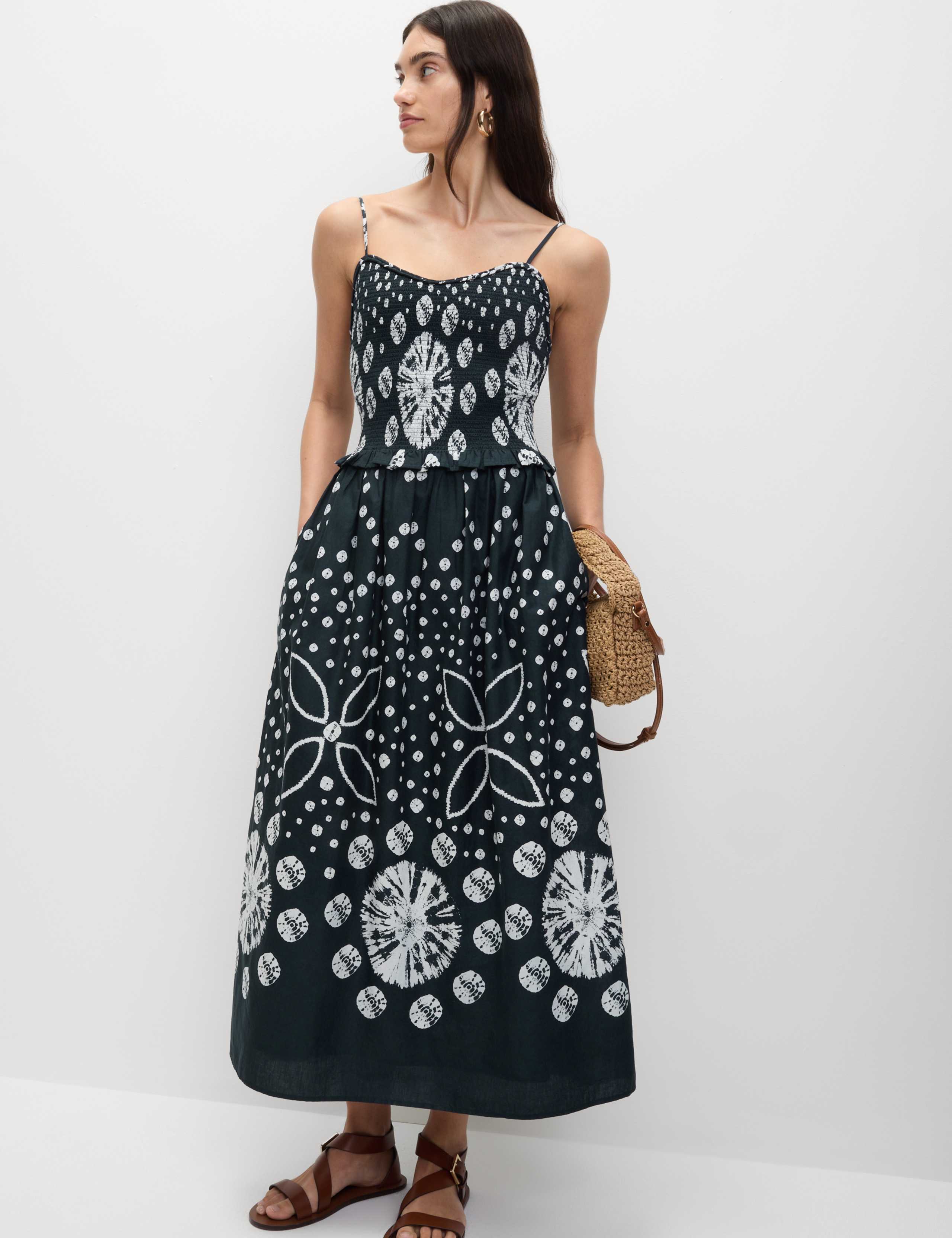 Pure Cotton Floral Midi Waisted Dress