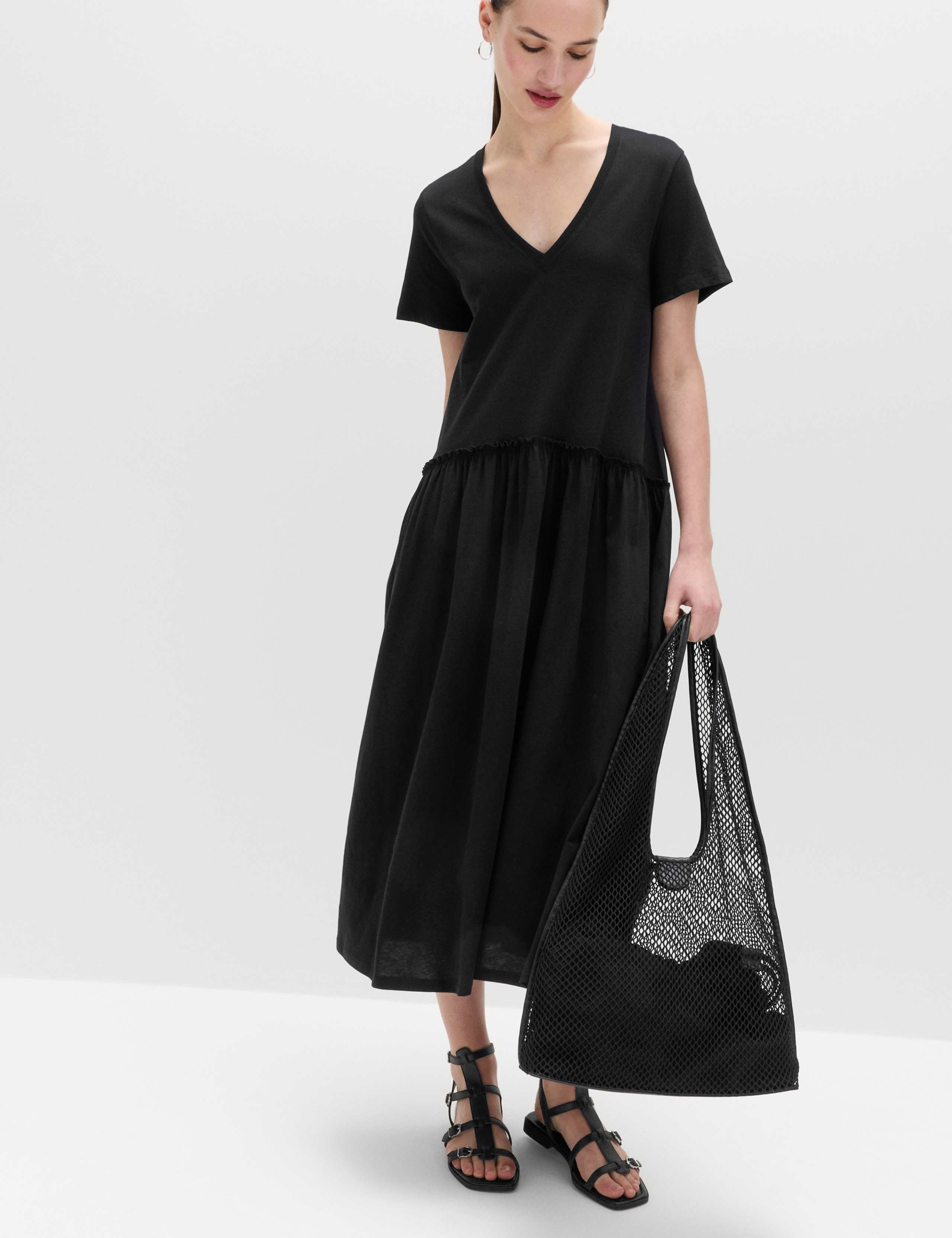 Jersey V-Neck Midi Drop Waist Dress