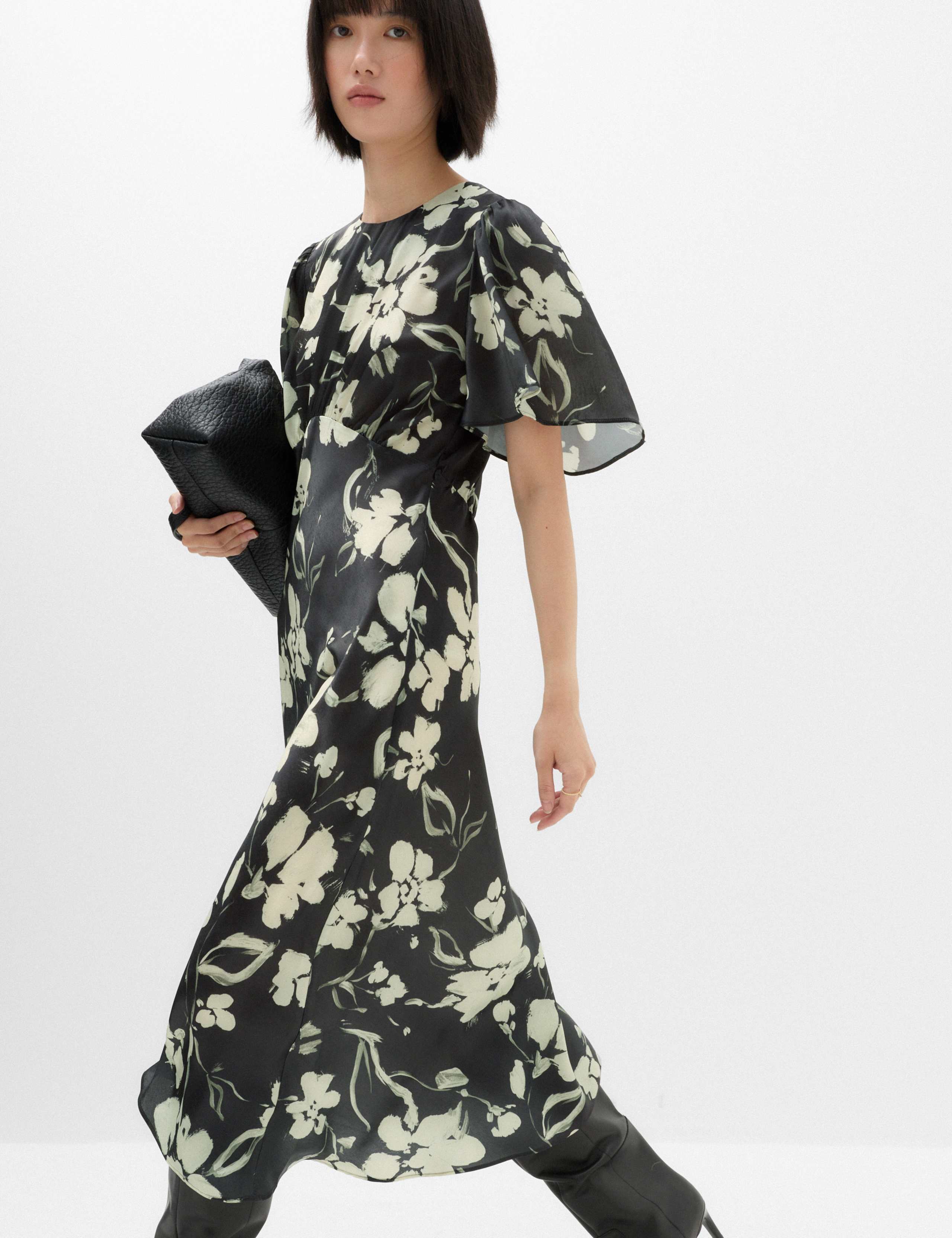 Satin Floral Empire Line Midi Waisted Dress