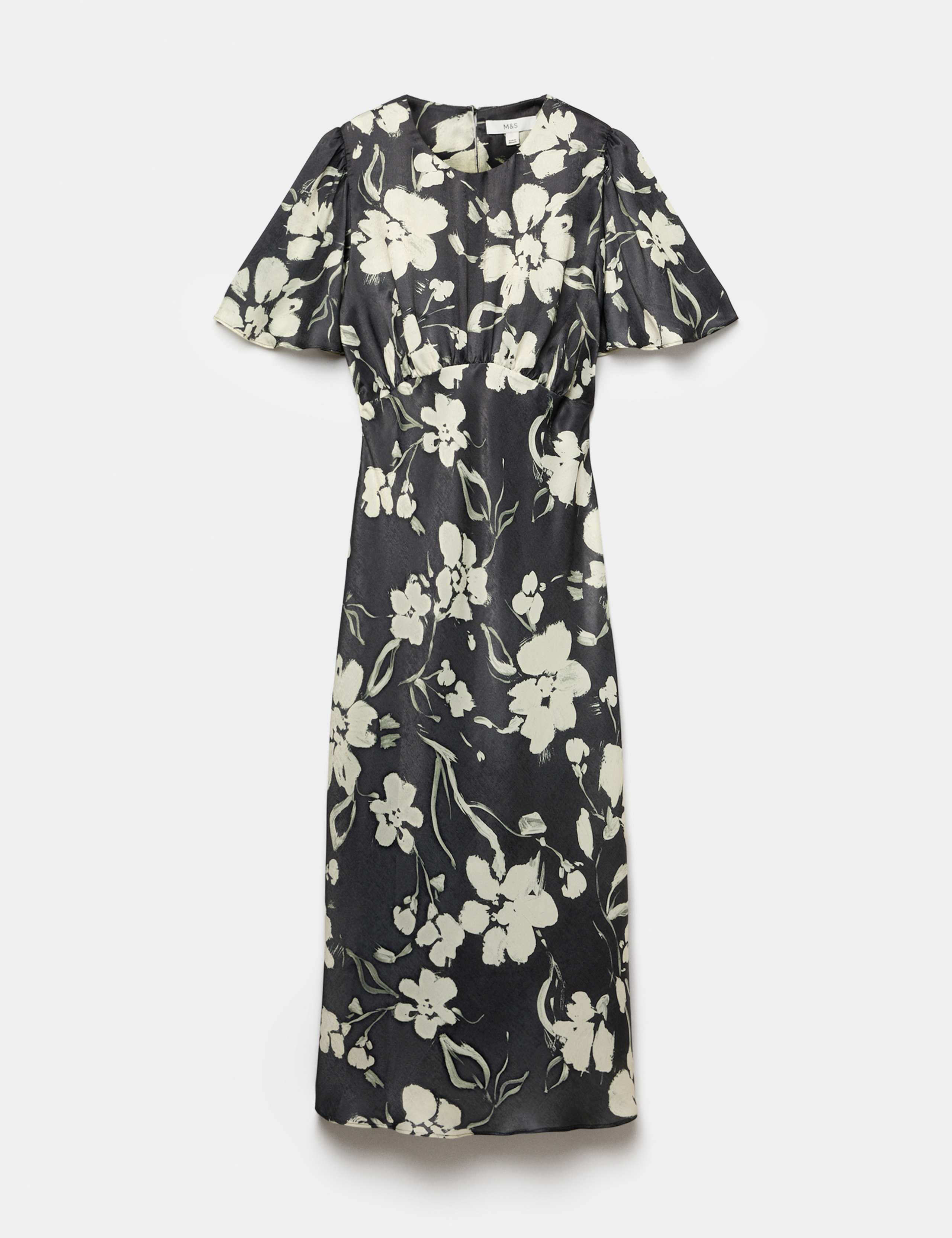 Satin Floral Empire Line Midi Waisted Dress