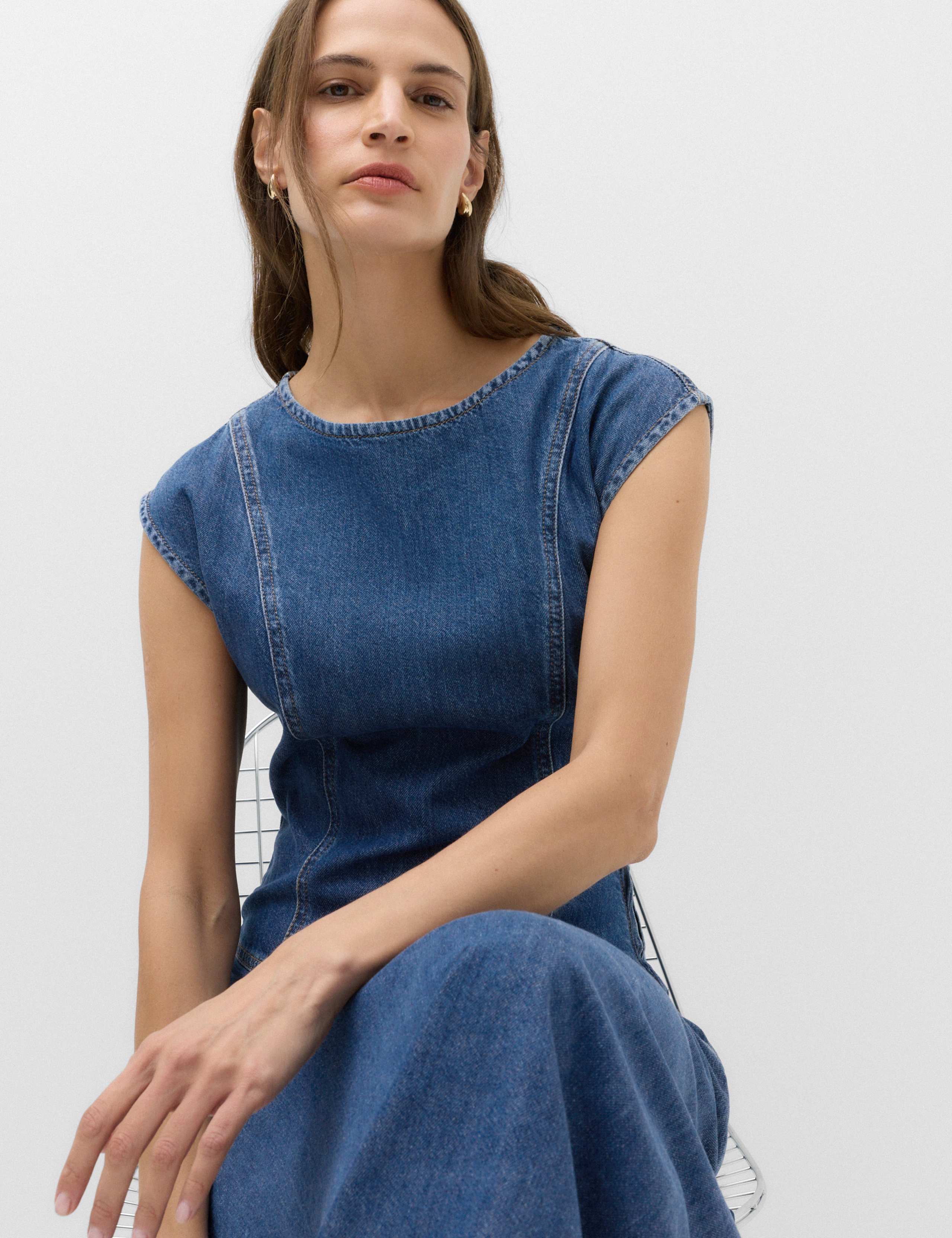 Pure Cotton Denim Midi Column Dress