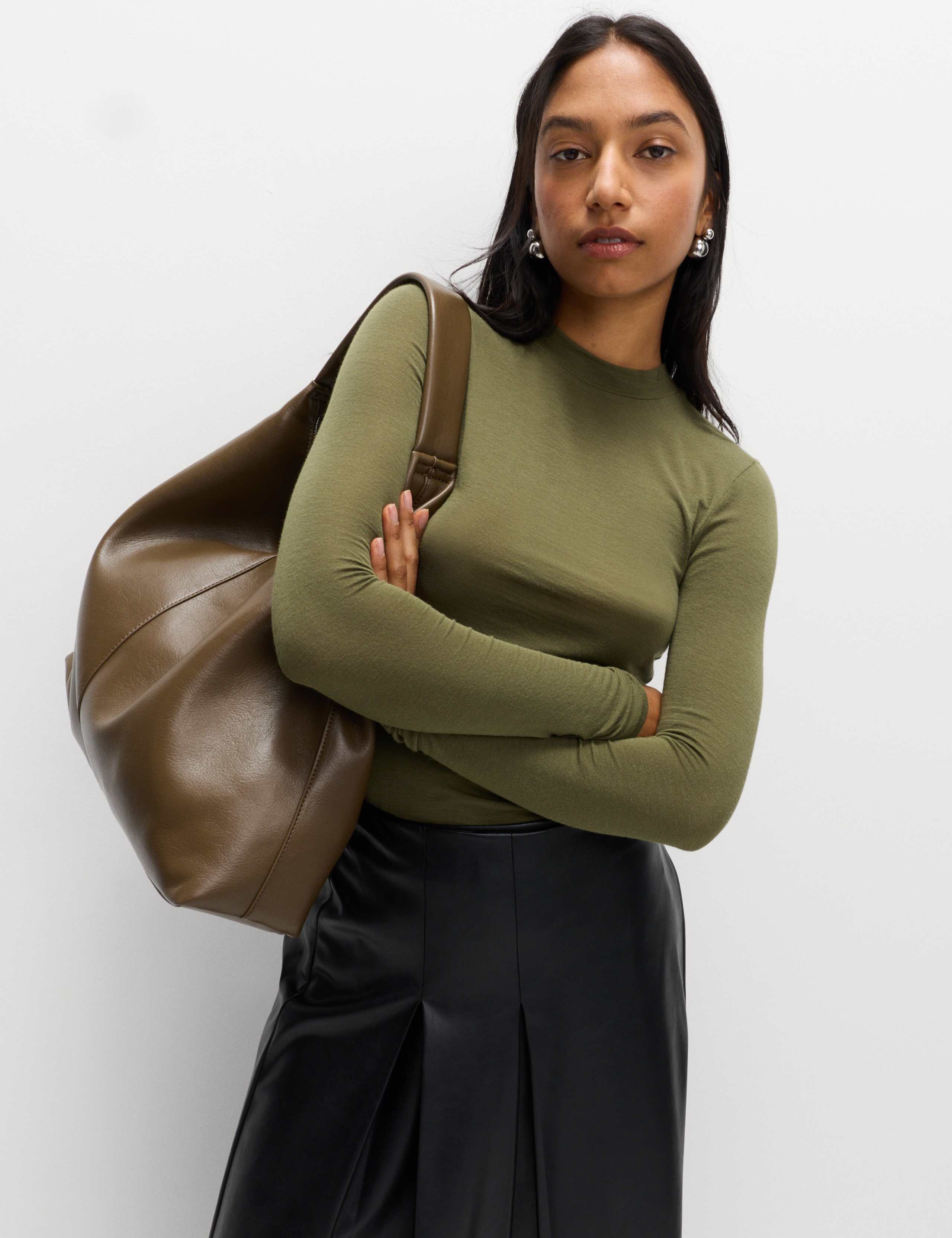 Jersey High Neck Long Sleeve Top with Stretch