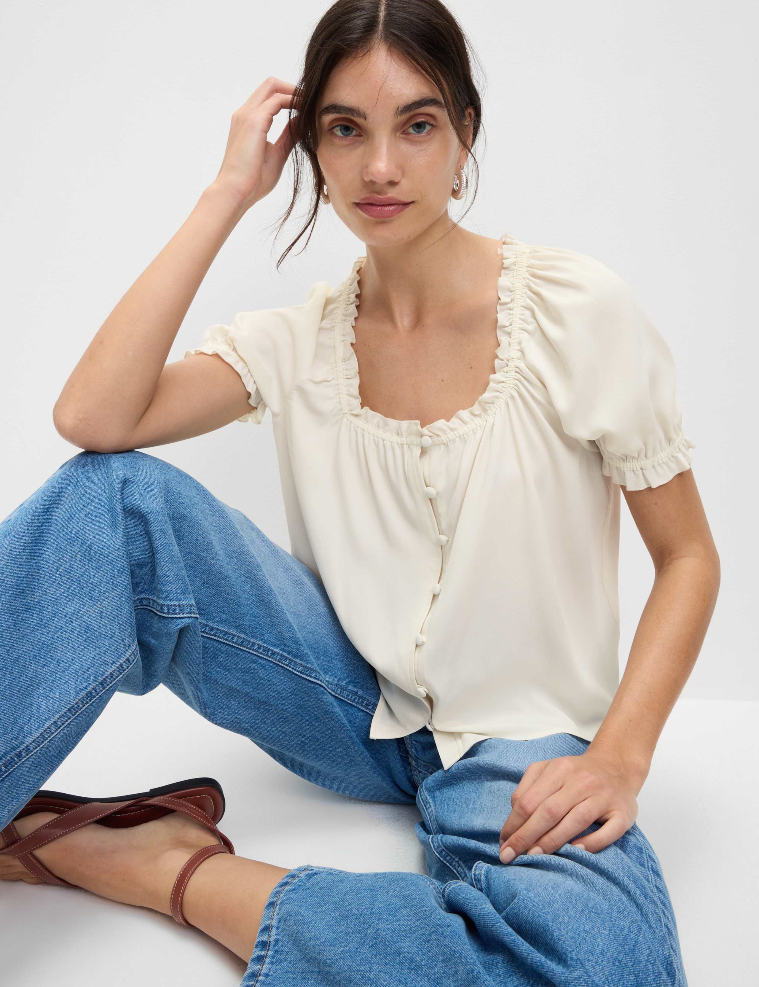 Button Through Square Neck Puff Sleeve Top