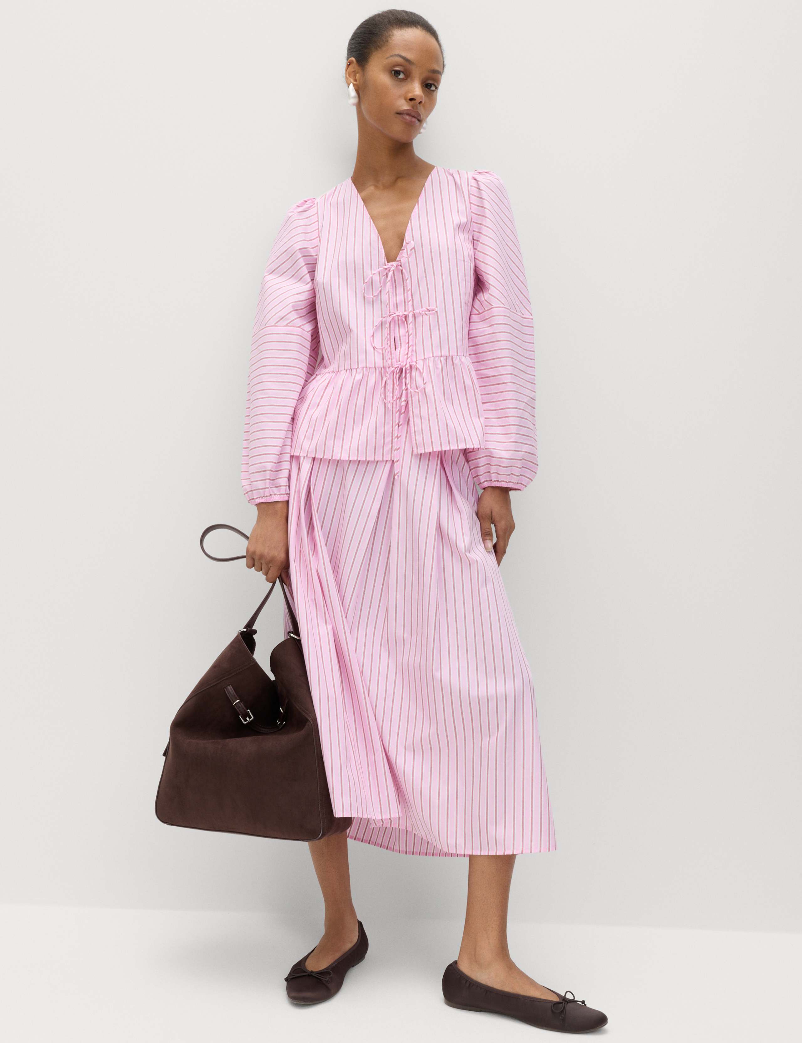 Pure Cotton Striped Tie Front Long Sleeve Blouse