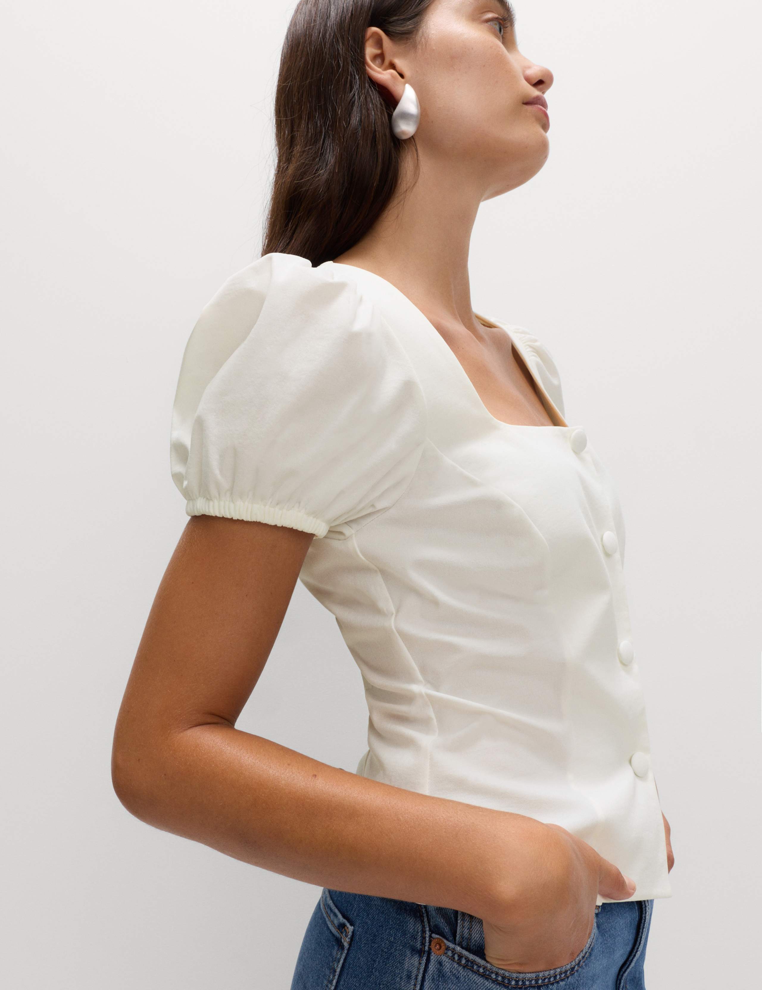 Square Neck Button Through Puff Sleeve Top