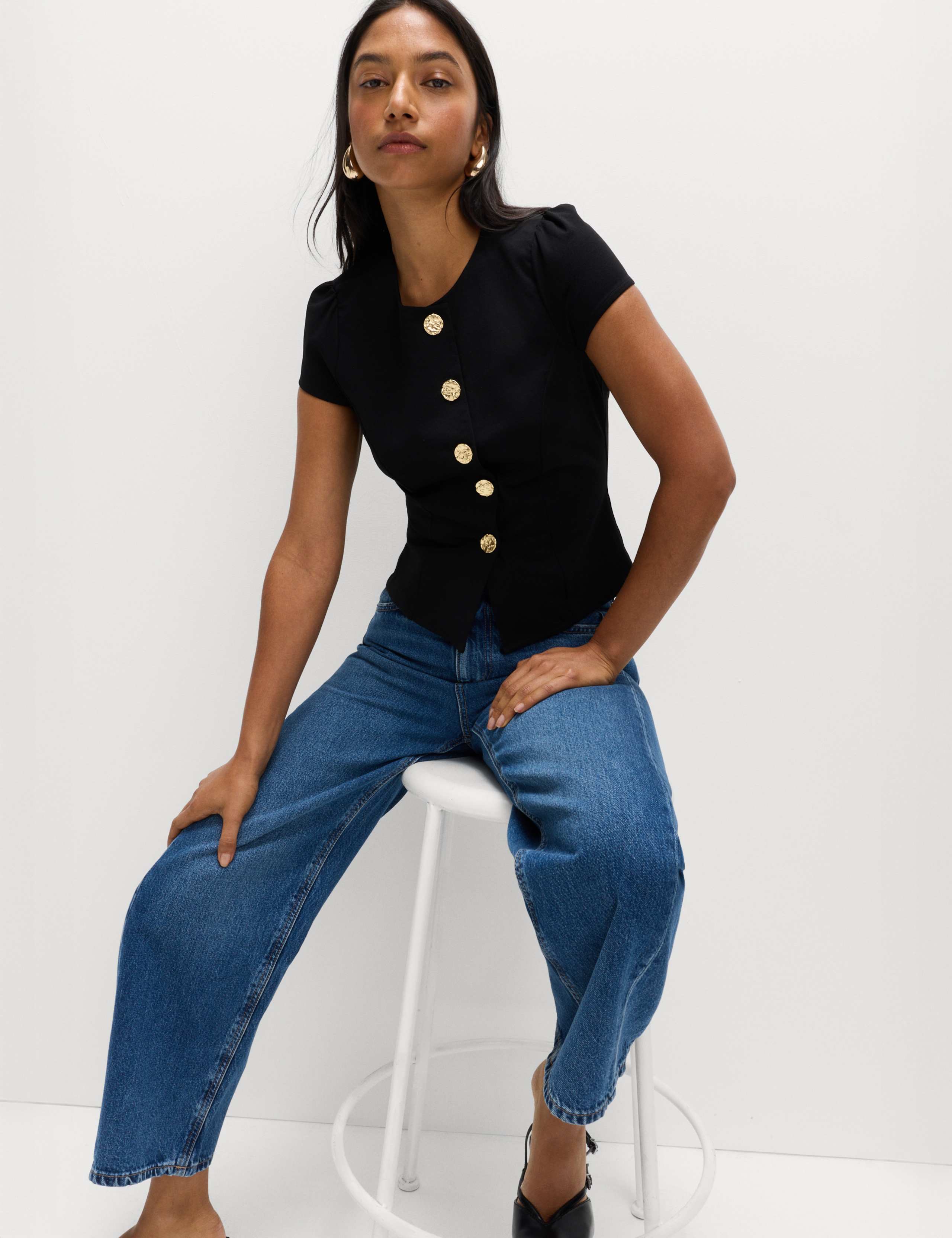 Round Neck Fitted Button Detail Top