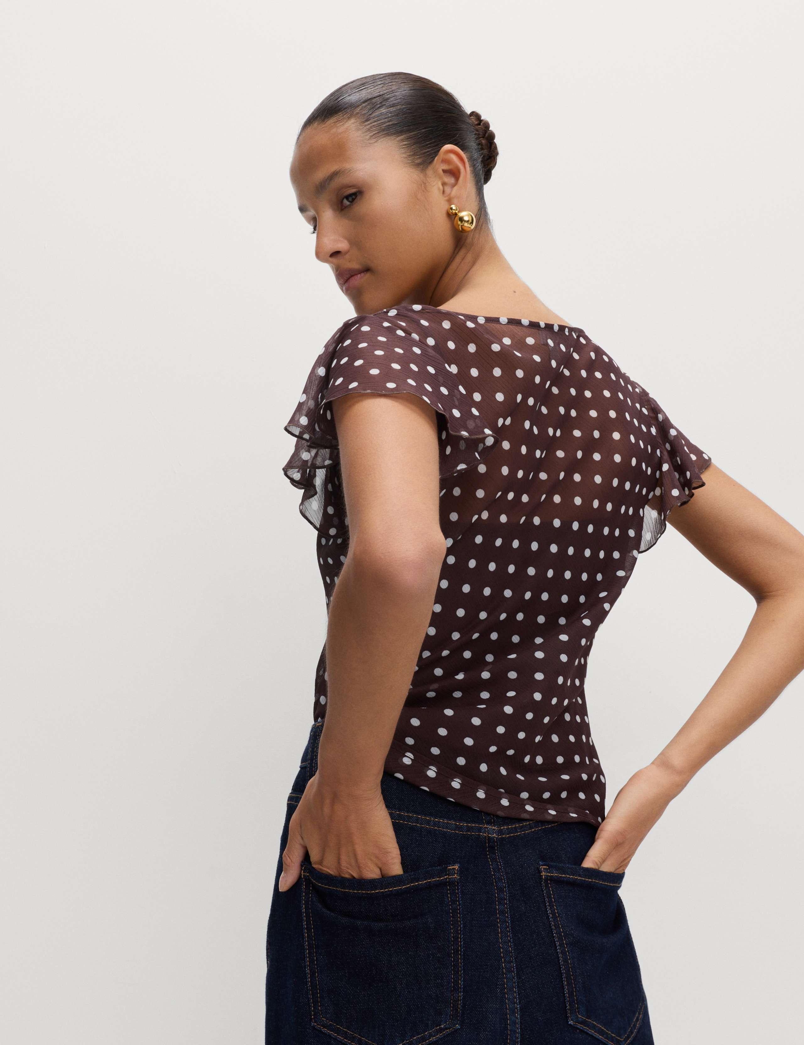 Polka Dot Cowl Neck Frill Sleeve Top
