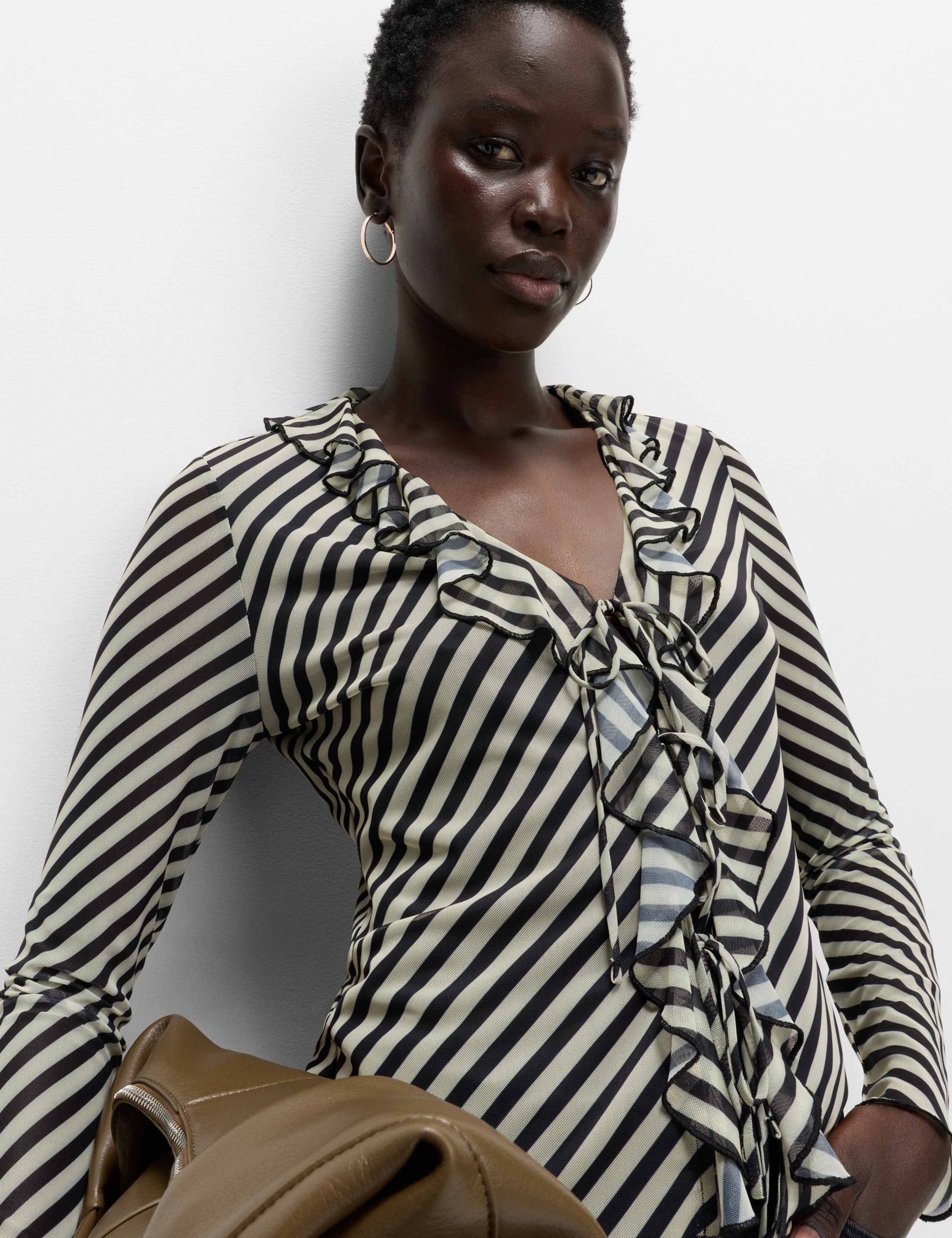 Striped V-Neck Frill Detail Top