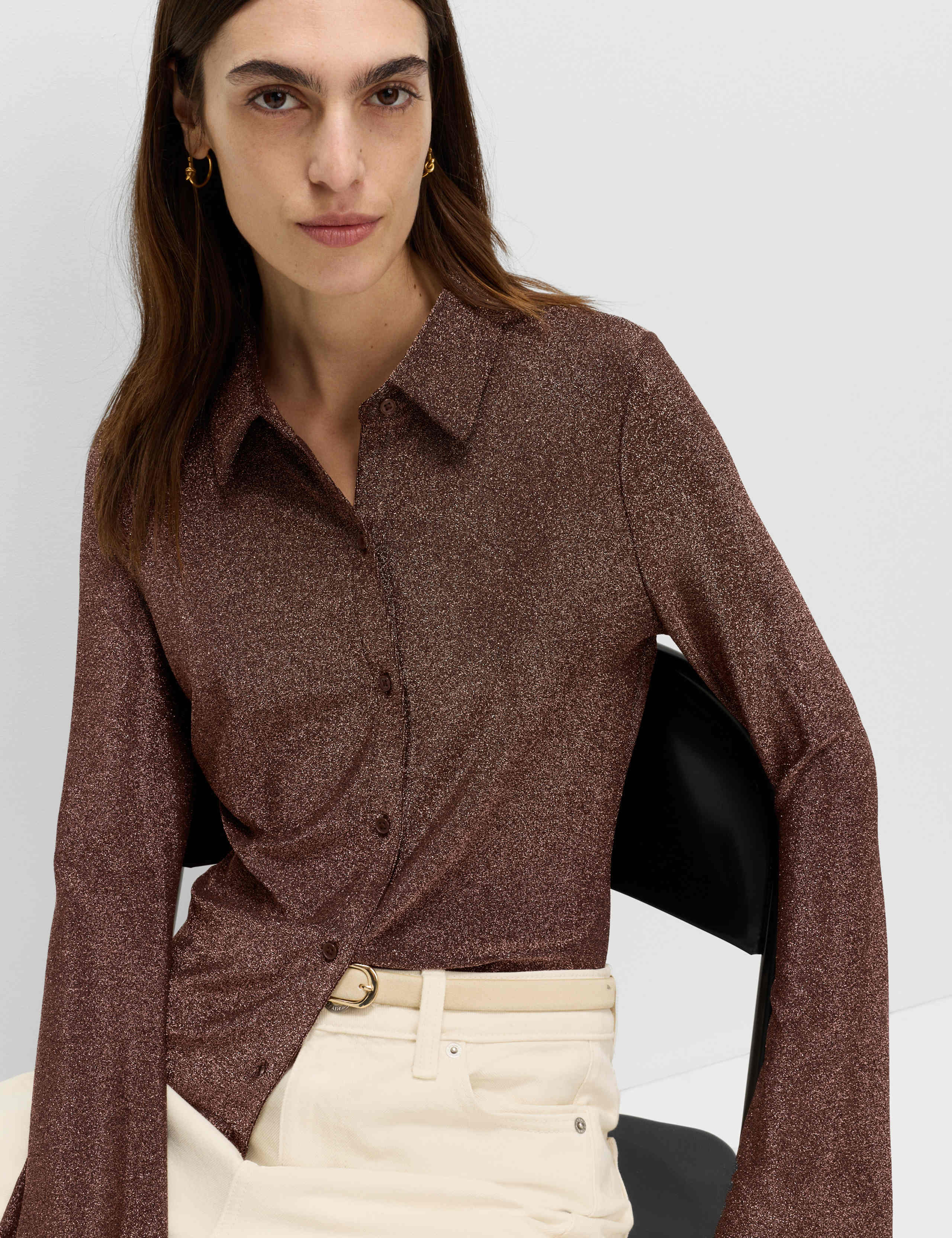 Lurex Mix Sparkly Fitted Flute Sleeve Shirt