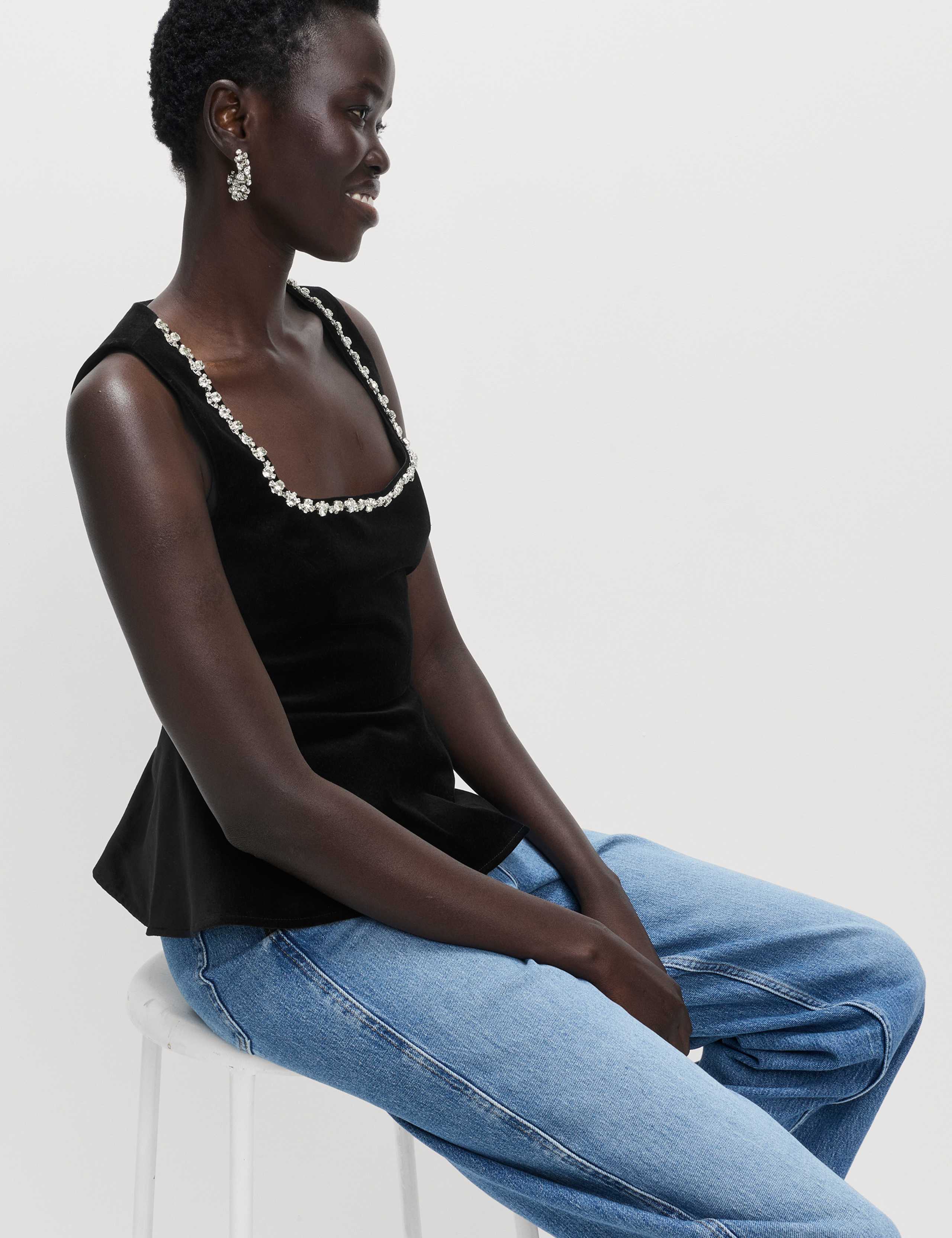 Velvet Embellished Detail Fitted Peplum Top