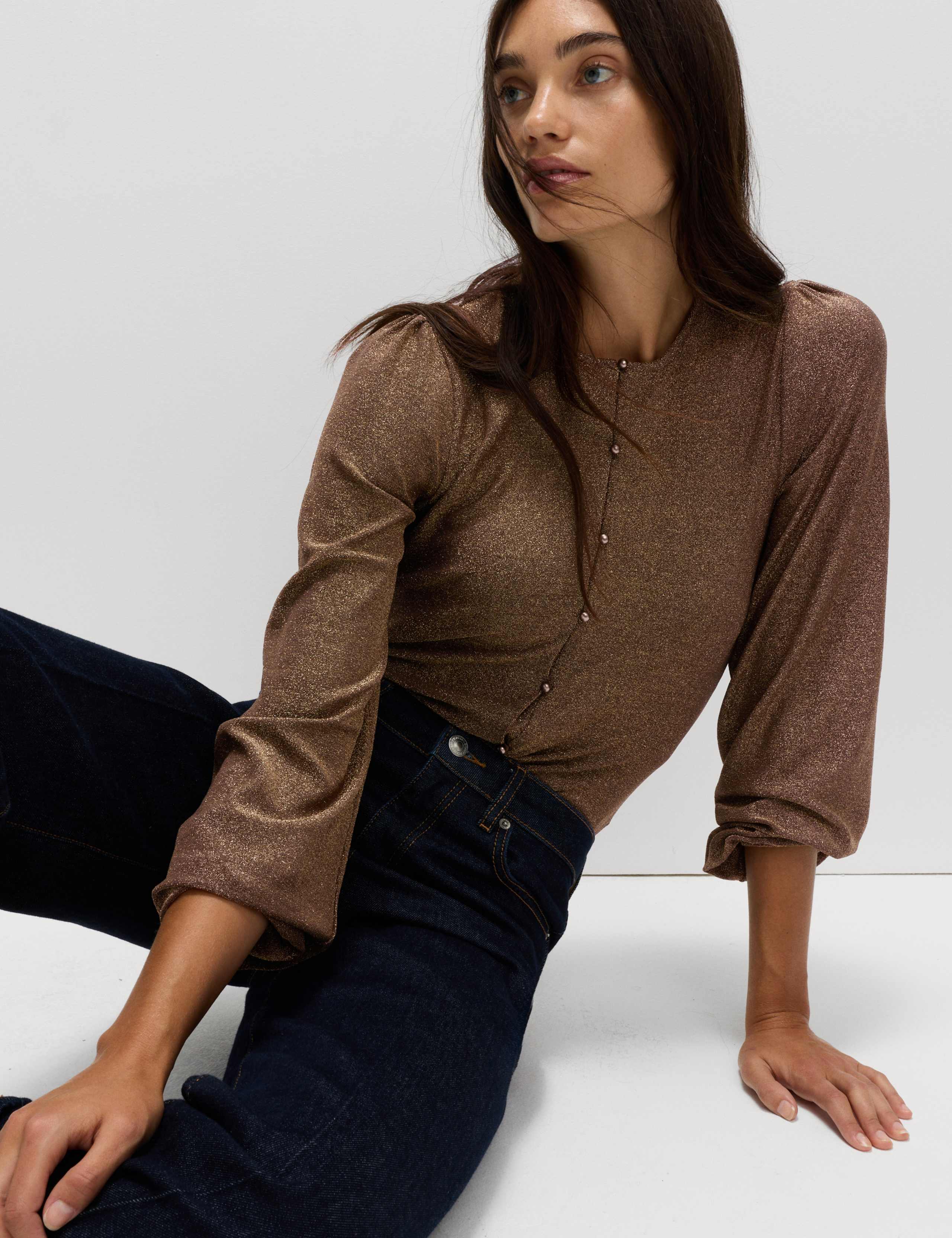 Sparkly Button Through Blouson Sleeve Top