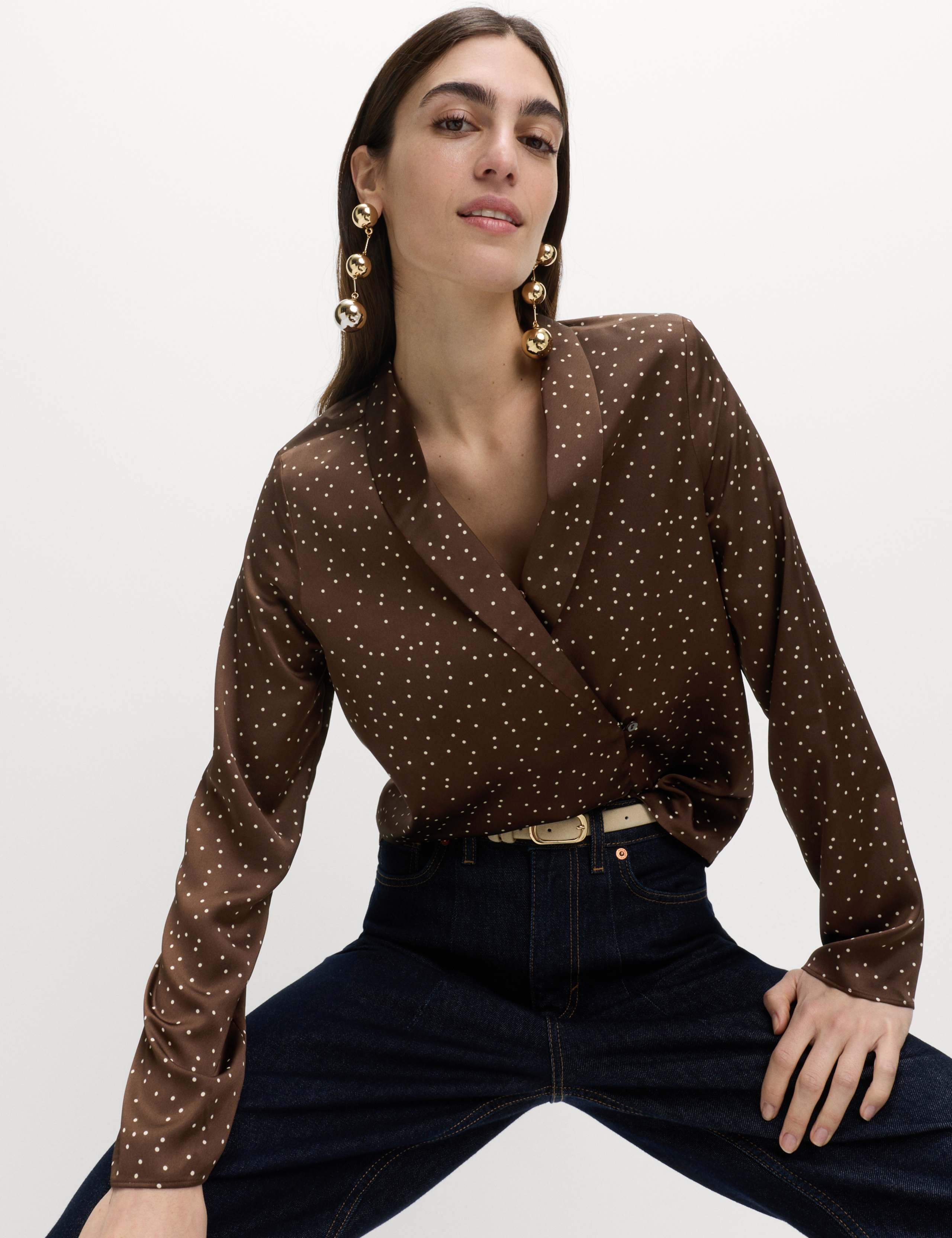 Satin Polka Dot Shawl Collar Shirt