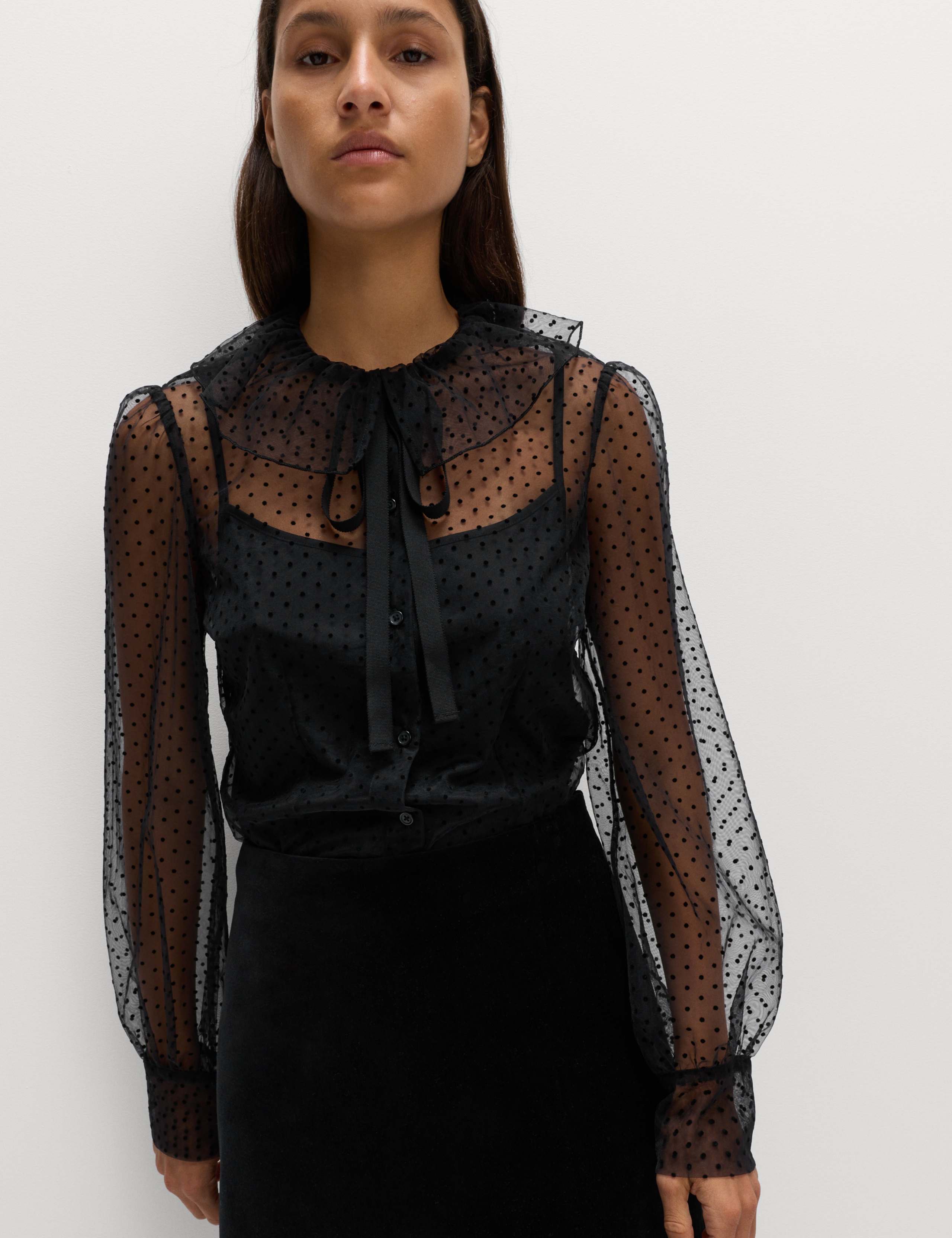 Polka Dot Tie Neck Frill Detail Blouse