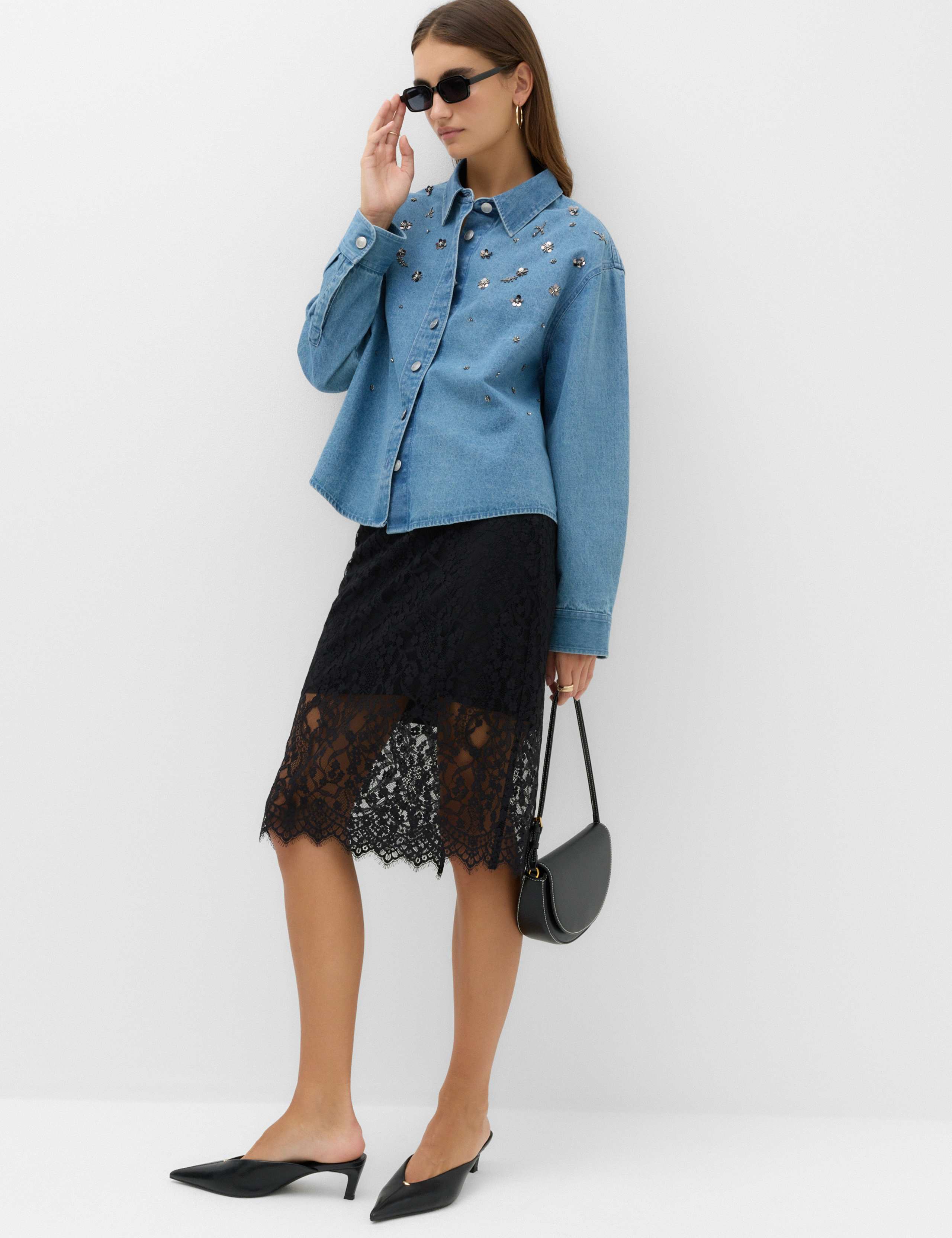 Embellished Denim Collared Shirt