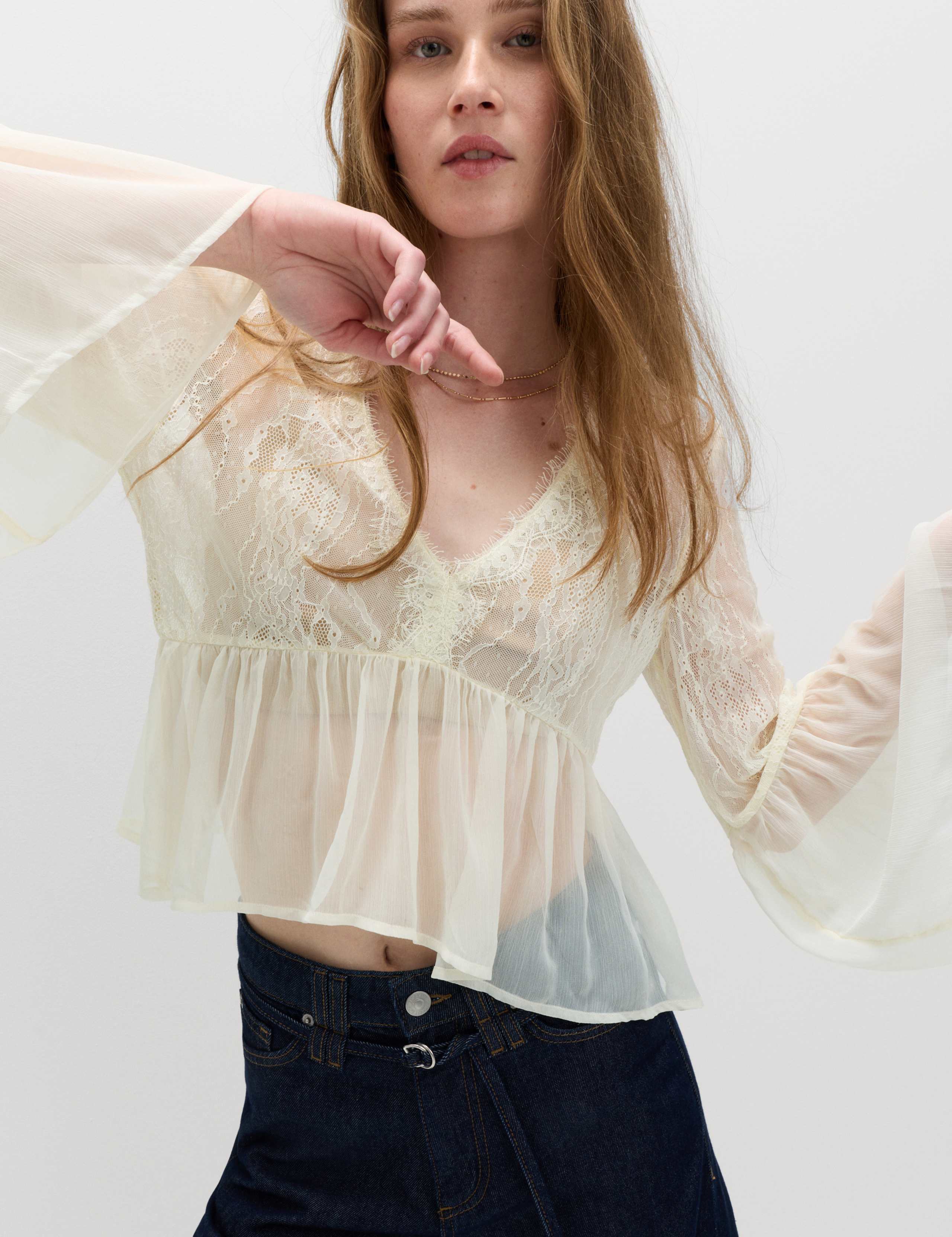 V-Neck Lace Flute Sleeve Top