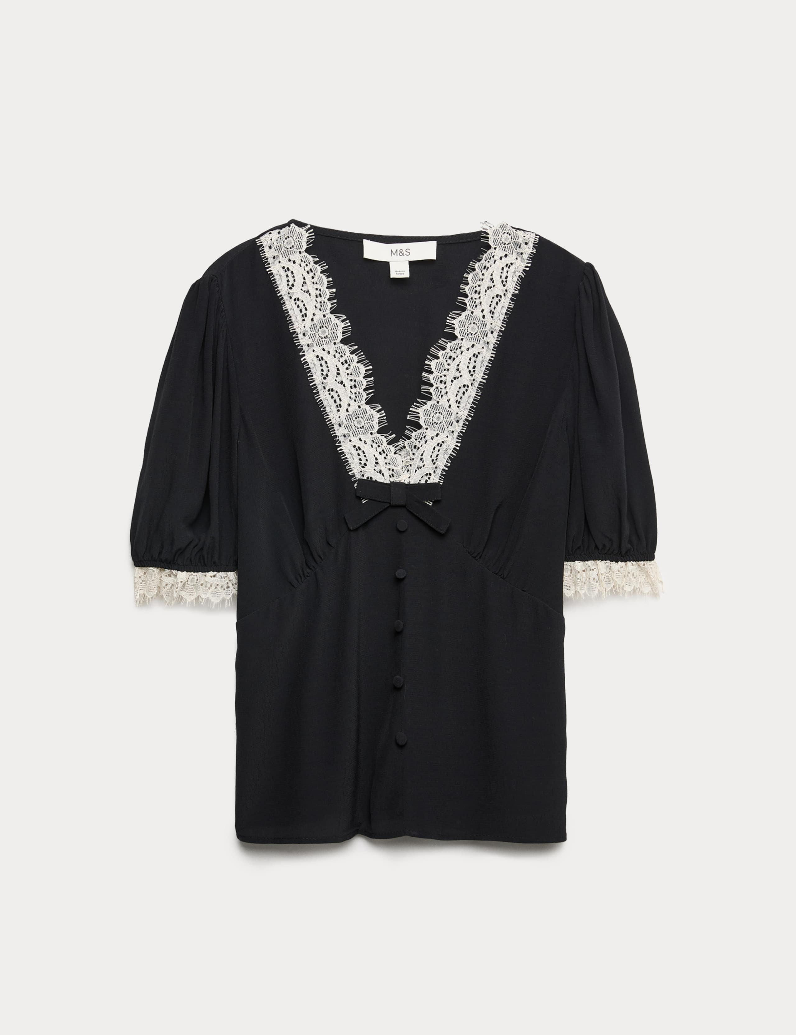 V-Neck Lace Insert Bow Detail Top