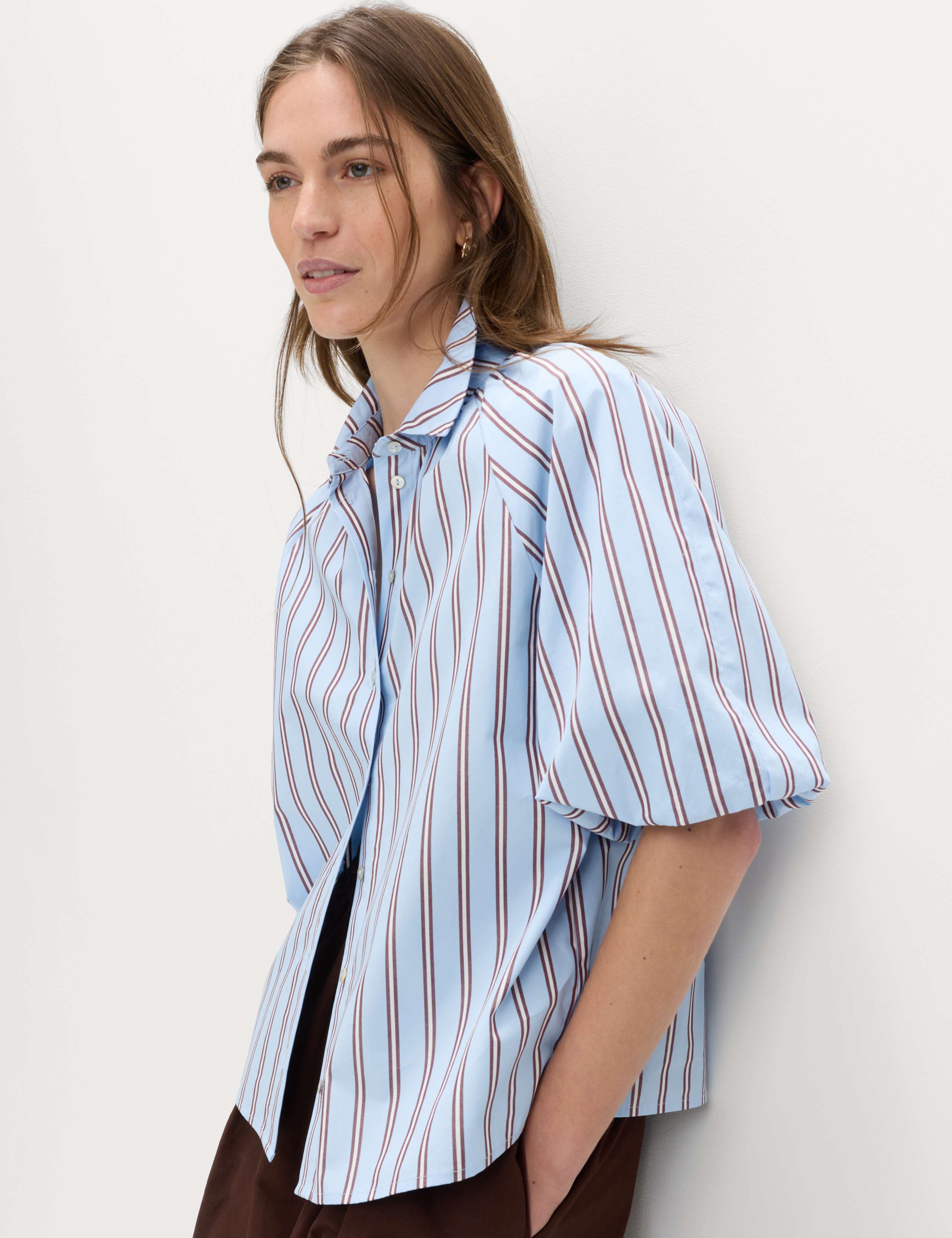 Pure Cotton Striped Puff Sleeve Shirt