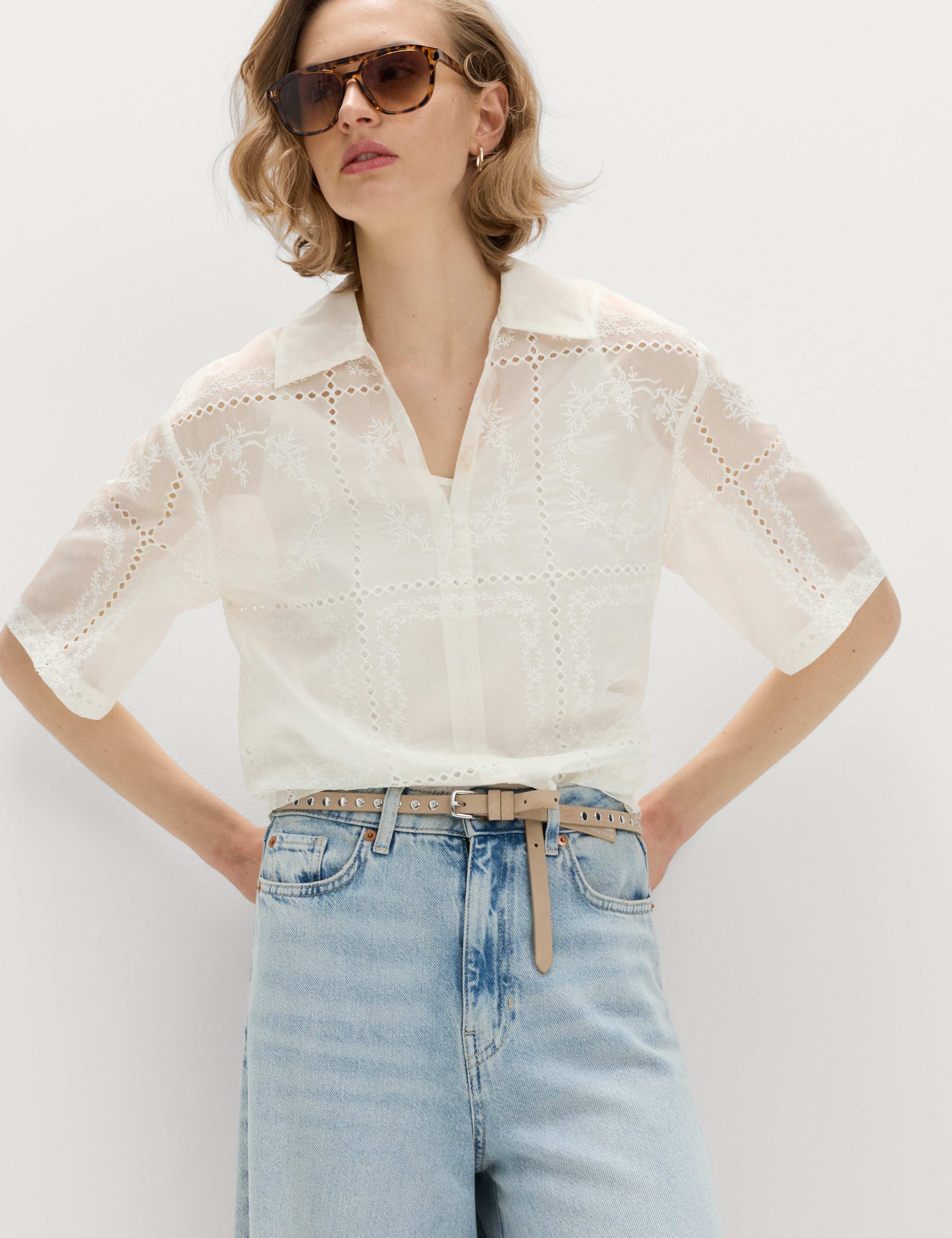 Lyocell Rich Embroidered Collared Top