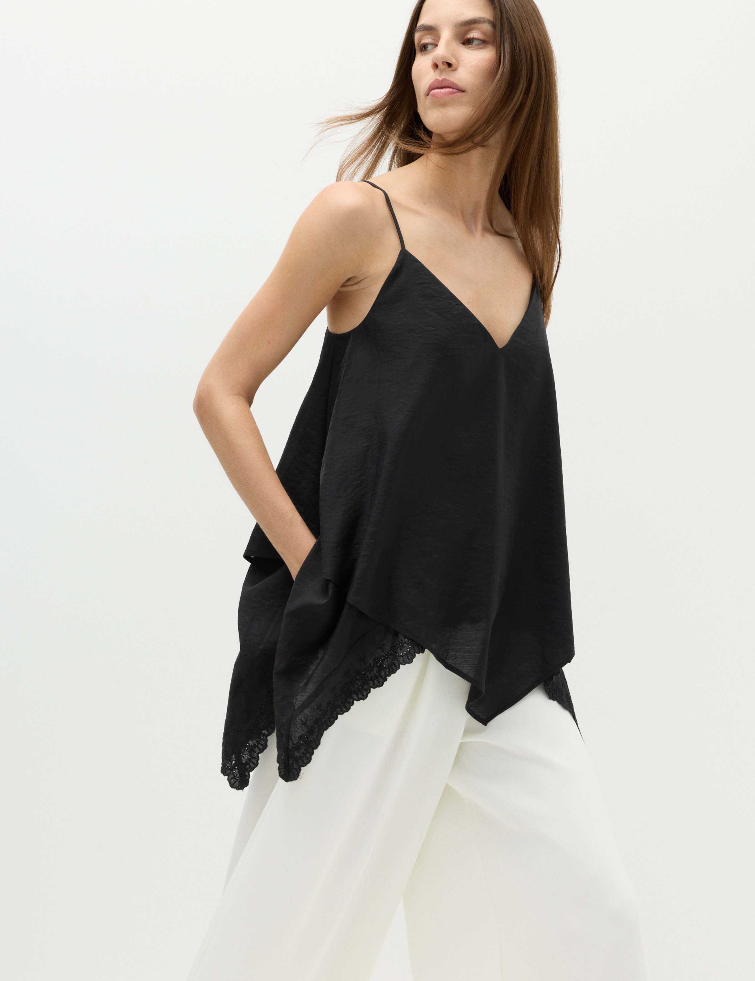 Asymmetric Embroidered V-Neck Cami Top