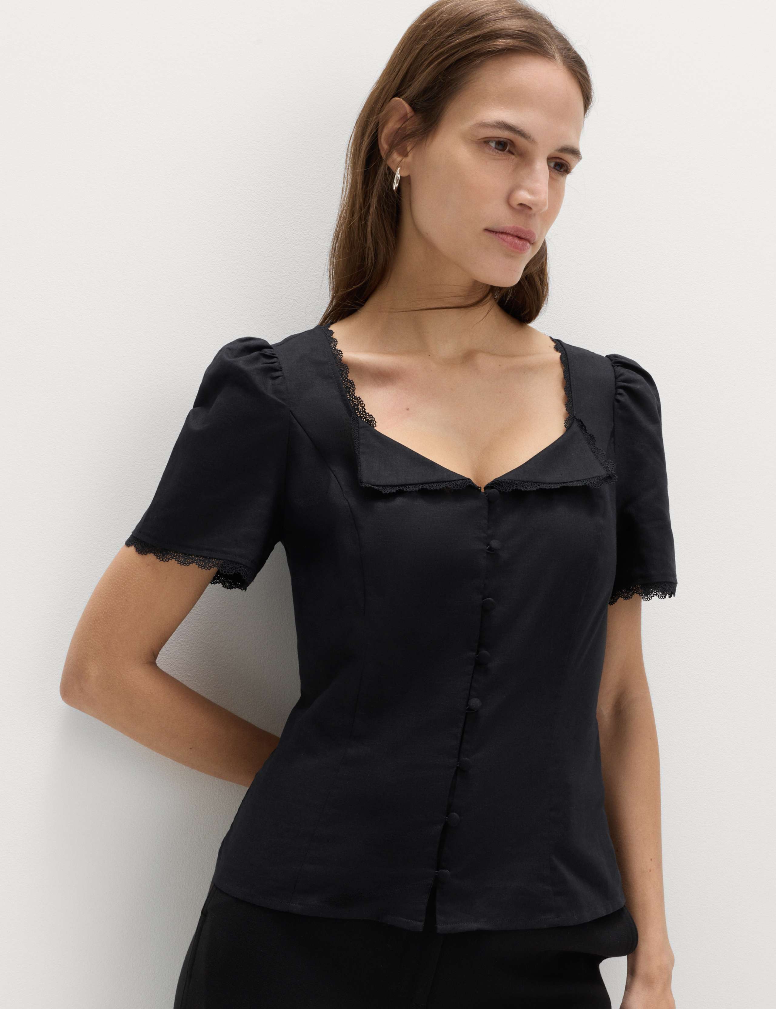 Cotton Blend Lace Detail Waisted Top