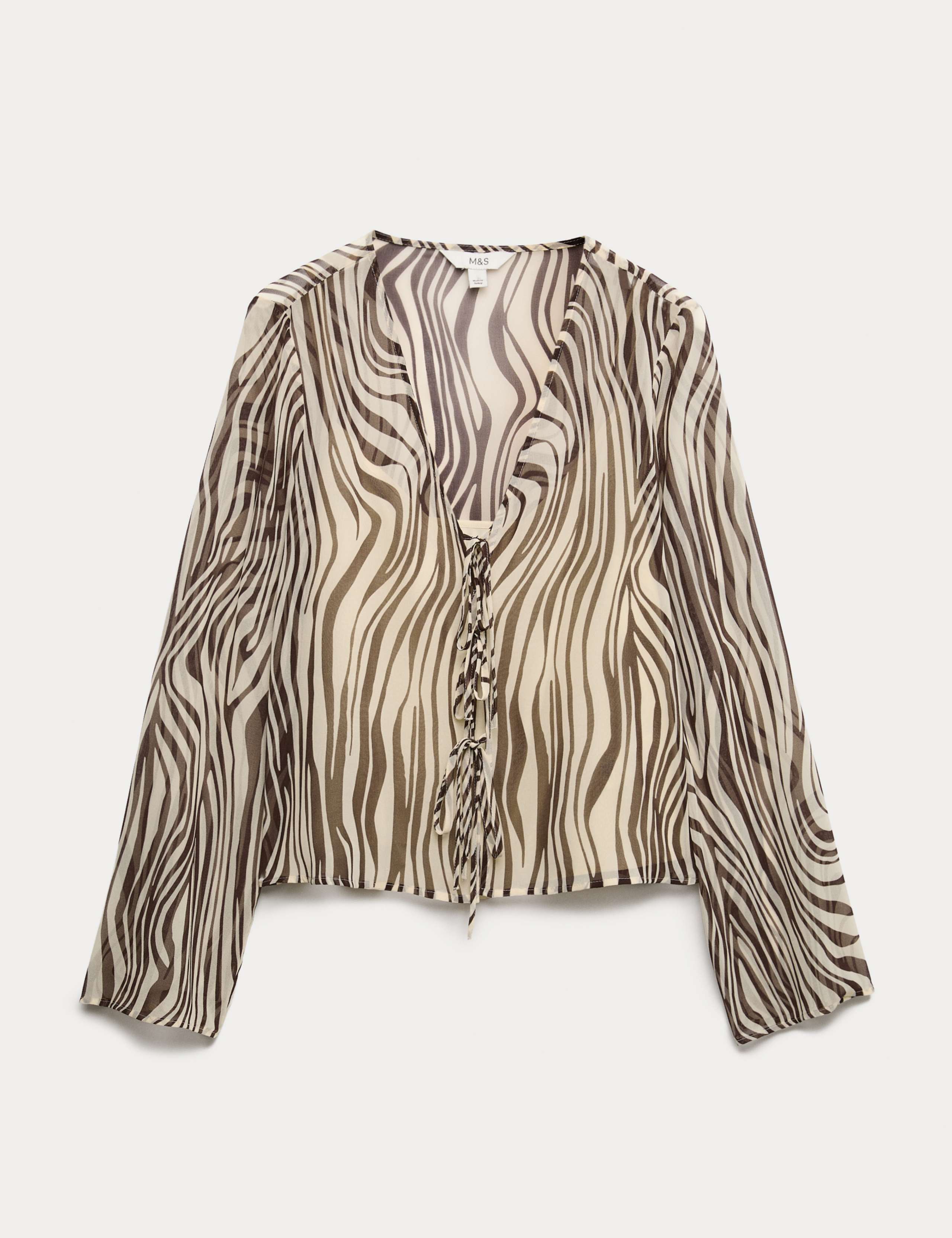 Zebra Print Tie Front Flute Sleeve Blouse