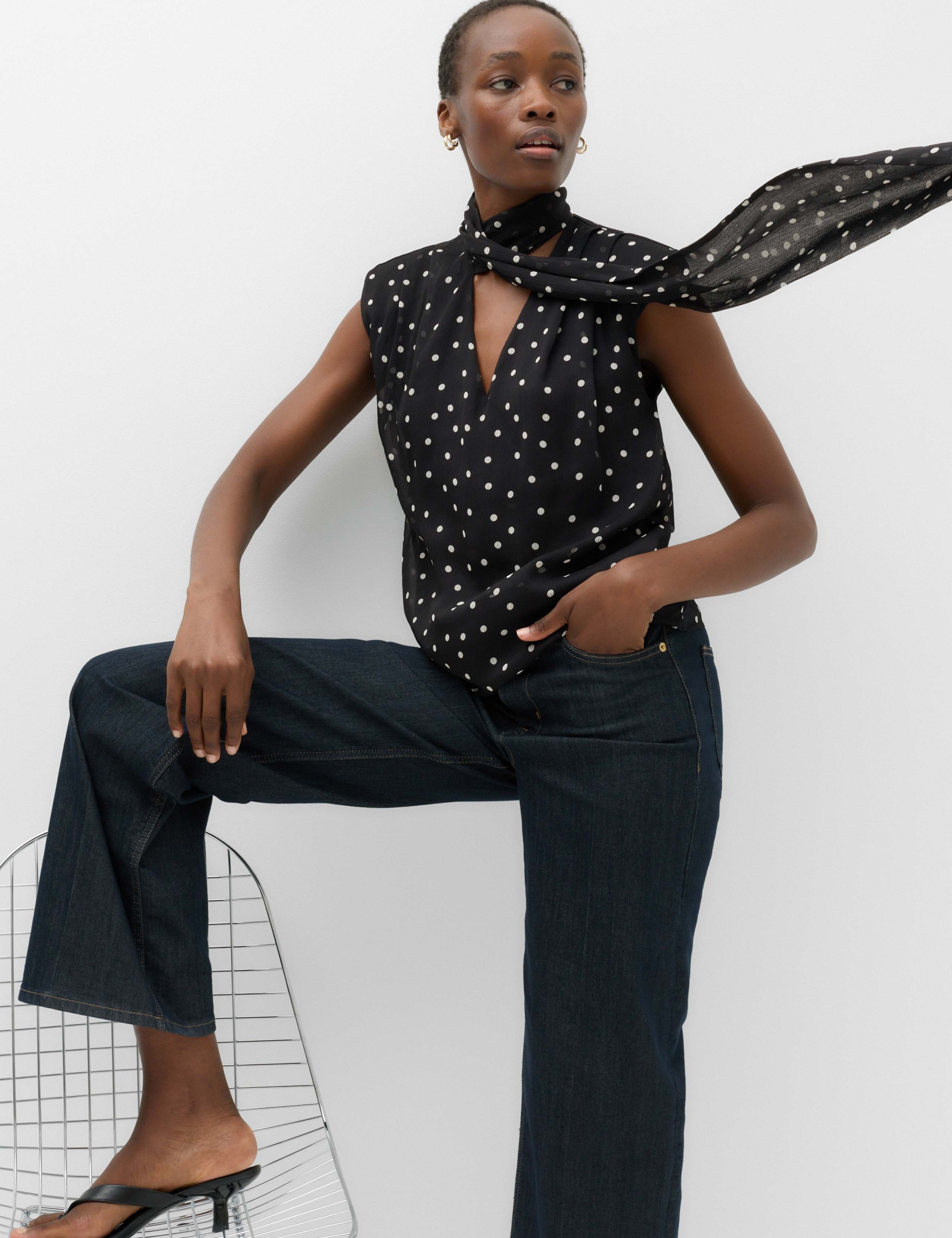Polka Dot V-Neck Scarf Detail Top