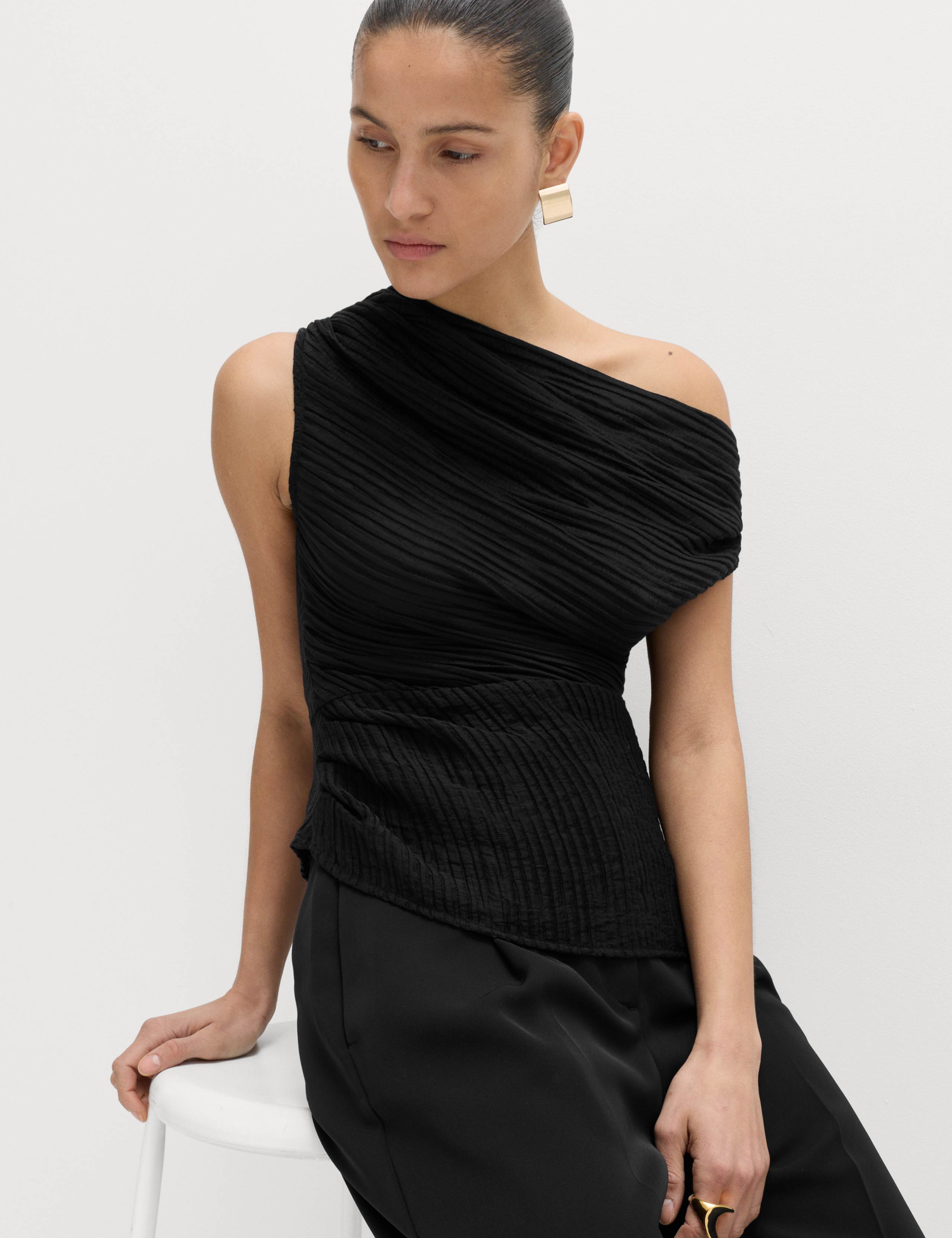 Plisse Asymmetric Neck Bardot Top