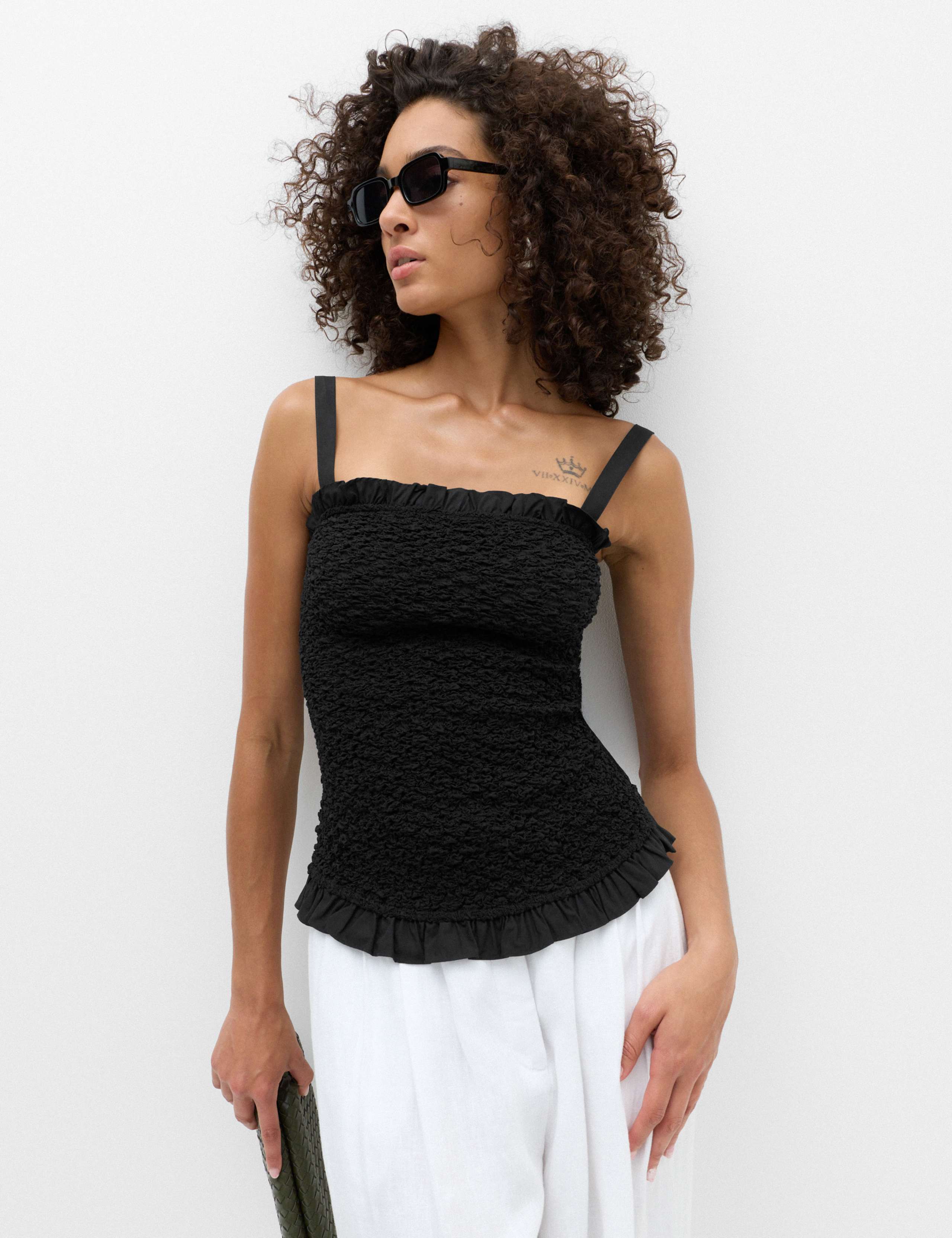 Pure Cotton Shirred Ruffle Detail Top