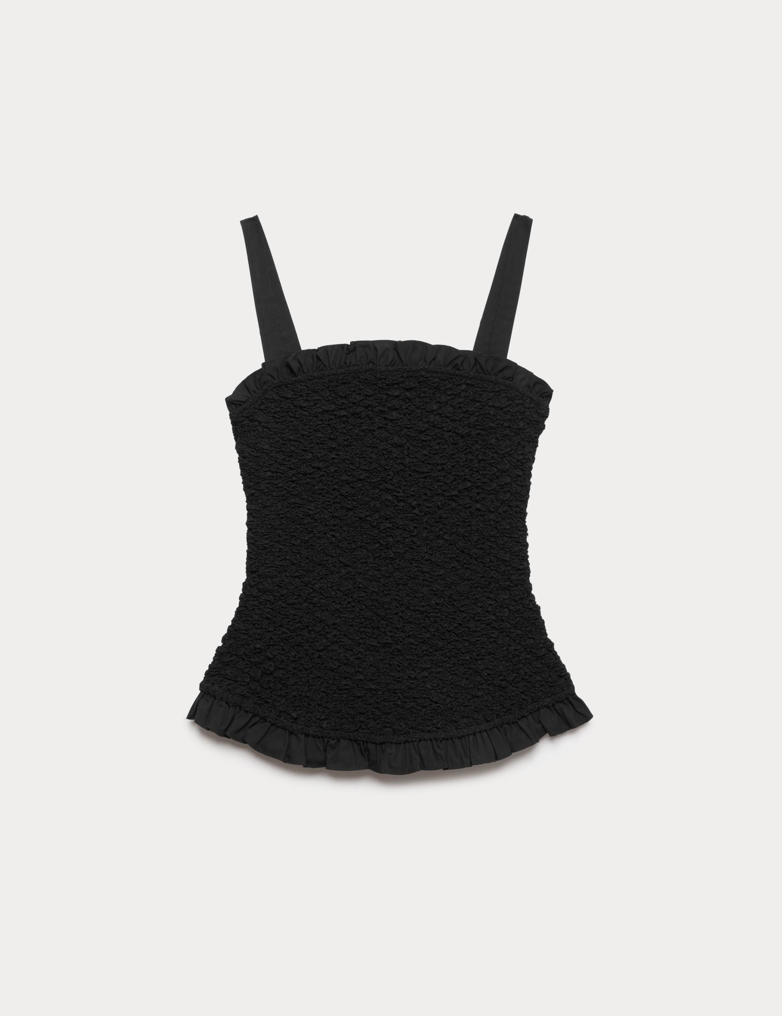 Pure Cotton Shirred Ruffle Detail Top